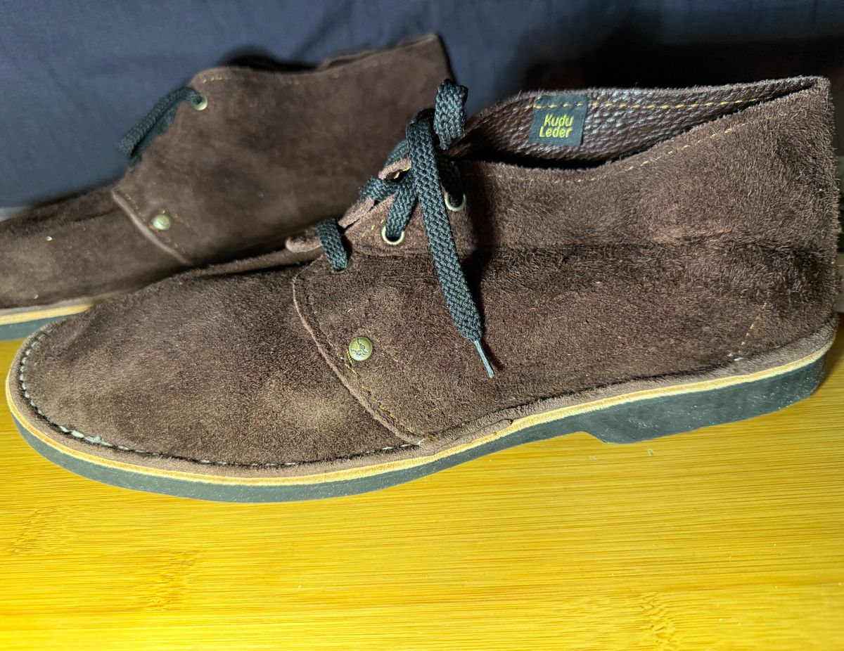 Photo by Michael on February 11, 2025 of the Schier Shoes Velskoen-Chocolate Brown in African Leather Creations Kudu Rough-out.