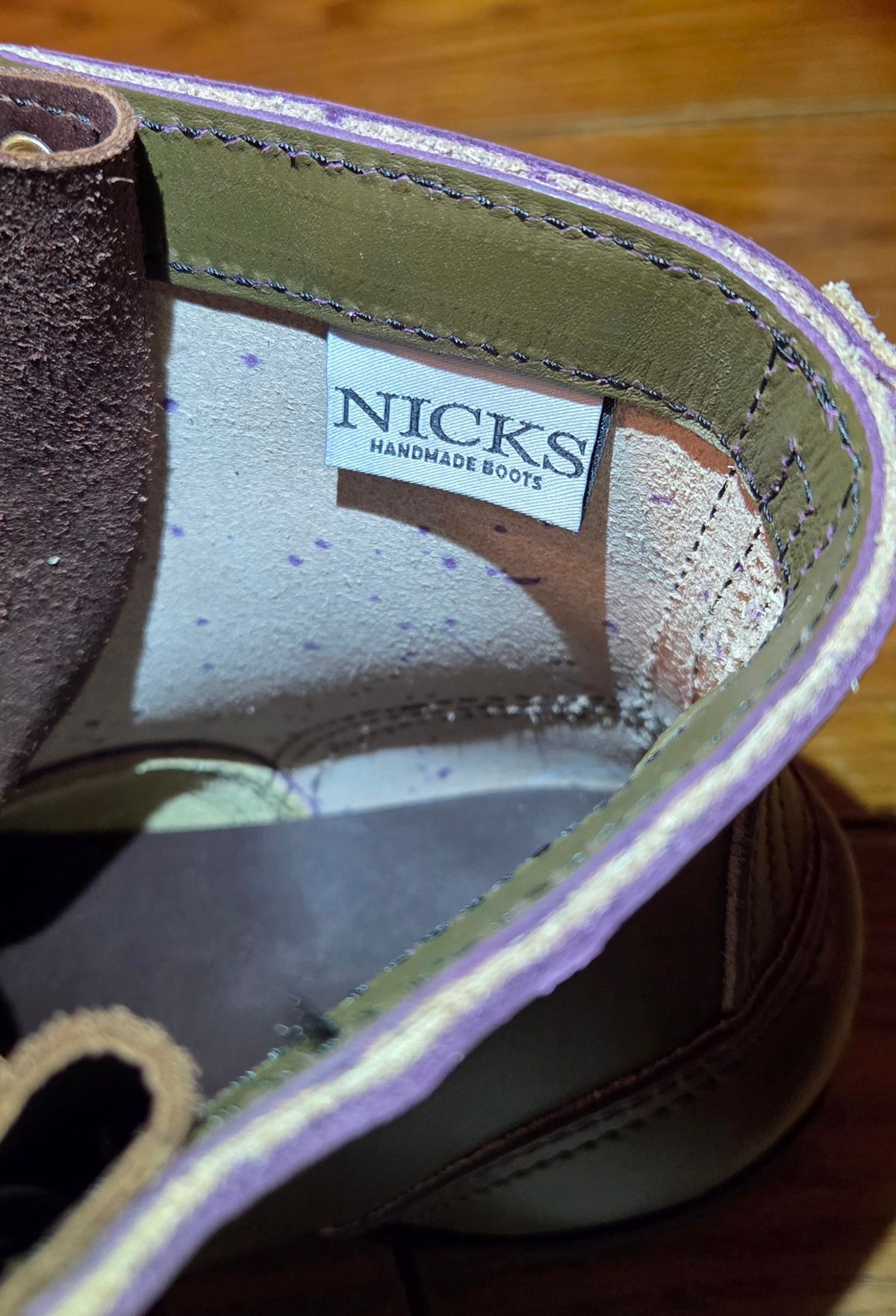 Photo by AckAttack6710 on January 16, 2026 of the Nicks MTO in Wickett & Craig "Barney" Purple Overdyed Olive.