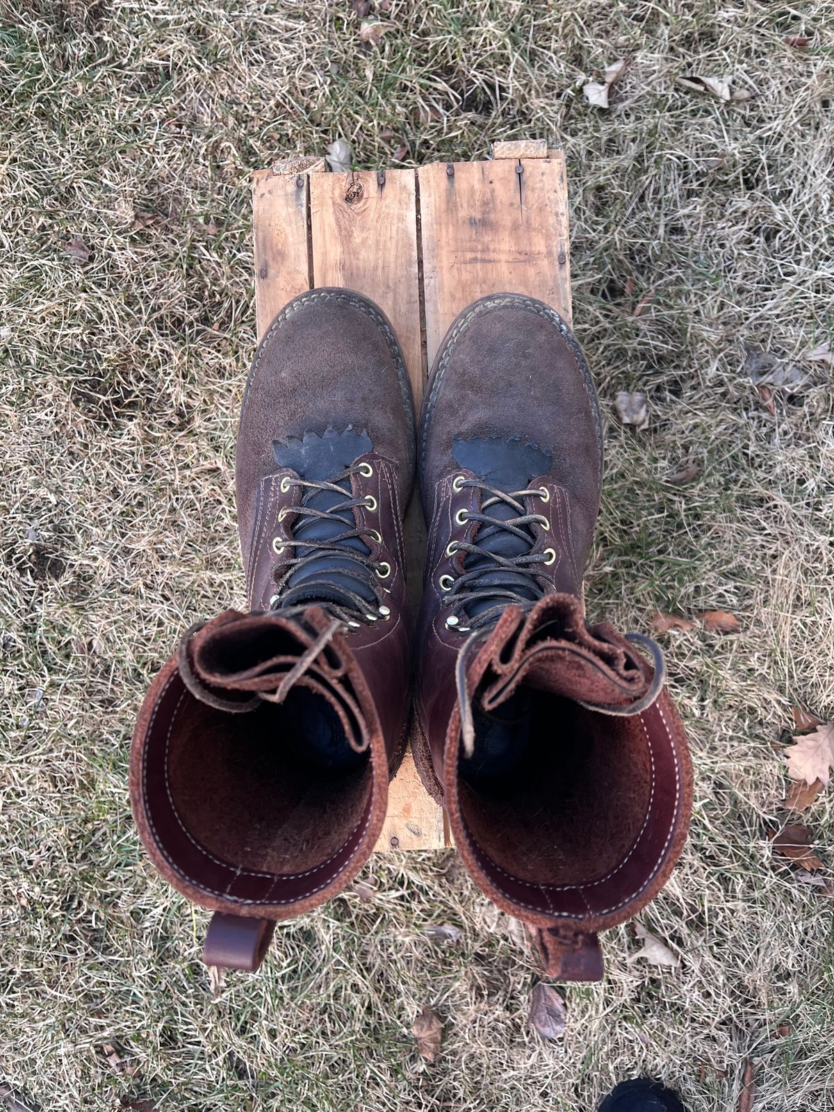 Photo by prichardson on February 9, 2025 of the Frank's Boots Ground Pounder in Walnut Roughout Work Leather.