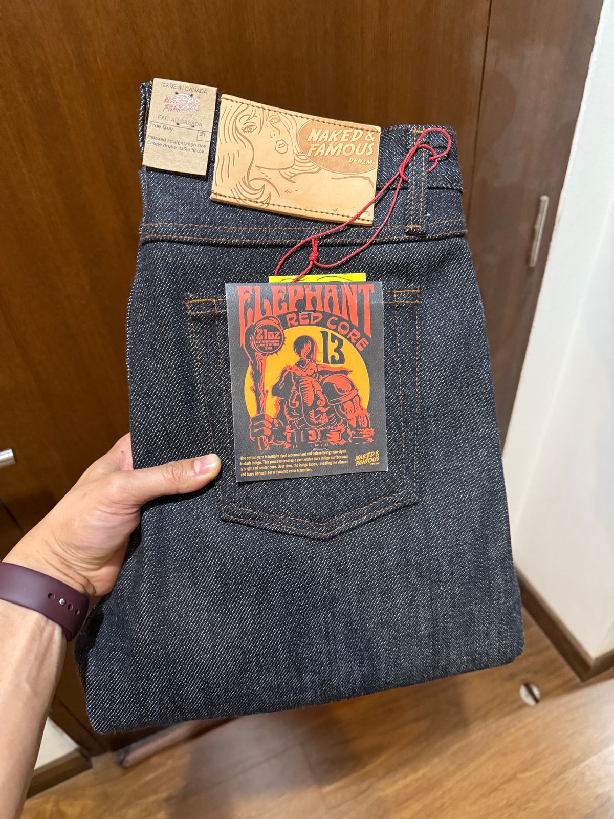 Photo by selvedgepet on December 26, 2024 of the Naked And Famous Denim Elephant 13 in 21 Oz Red Core Selvedge.