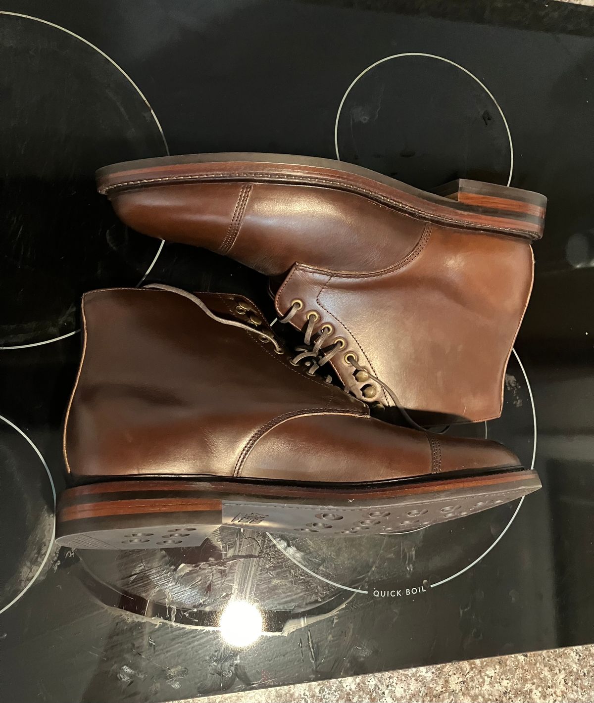 Photo by huntx4 on October 1, 2024 of the Grant Stone Cap Toe Boot in Horween Crimson Chromexcel.