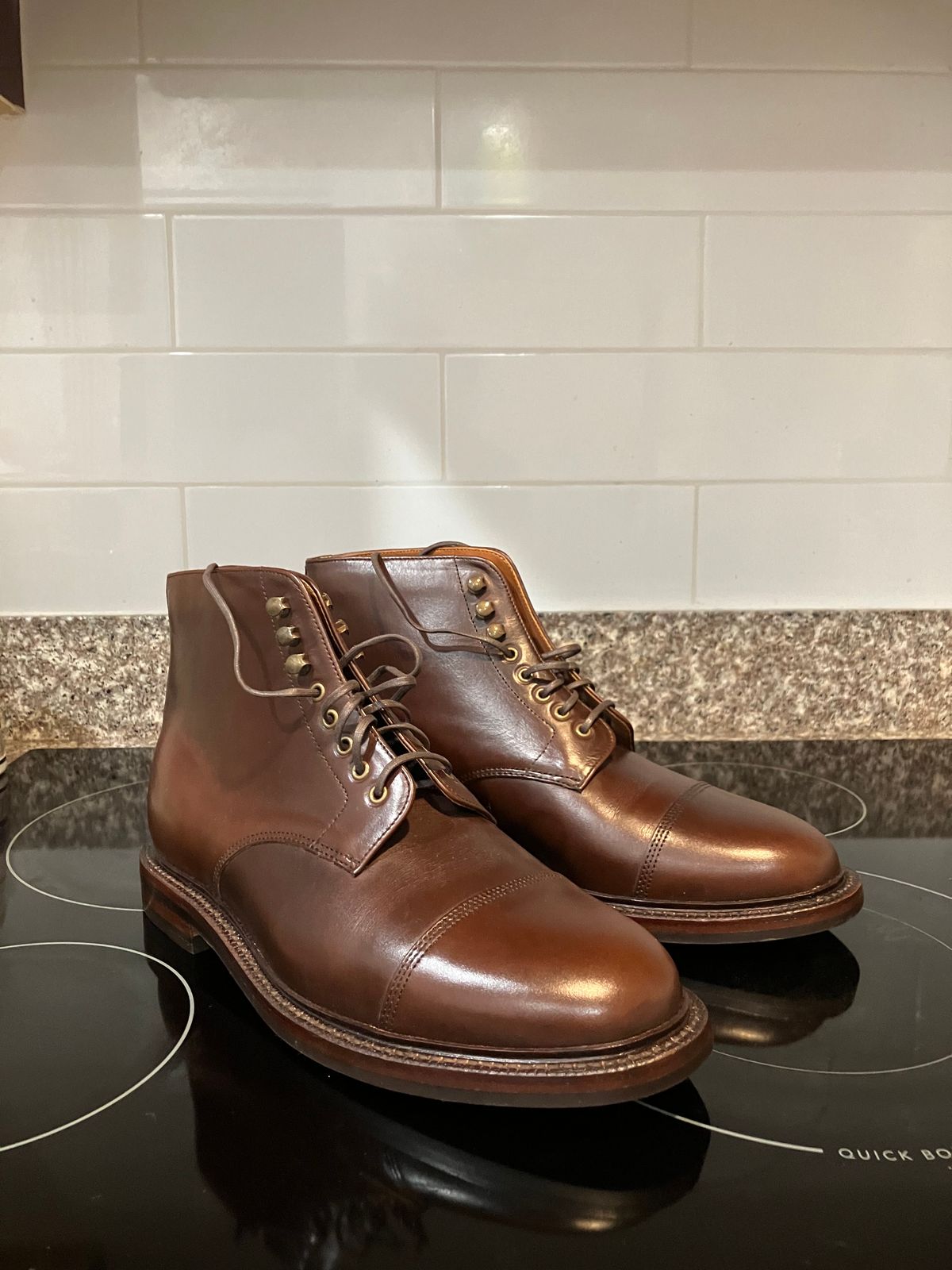 Photo by huntx4 on October 1, 2024 of the Grant Stone Cap Toe Boot in Horween Crimson Chromexcel.