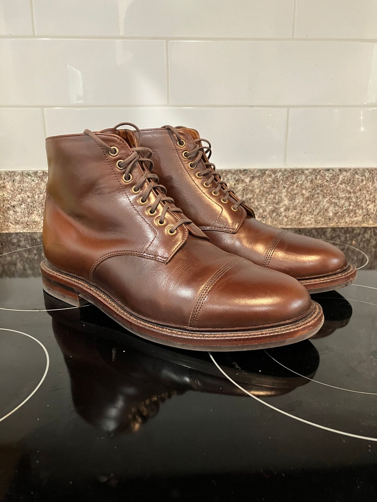 Photo by huntx4 on November 1, 2024 of the Grant Stone Cap Toe Boot in Horween Crimson Chromexcel.