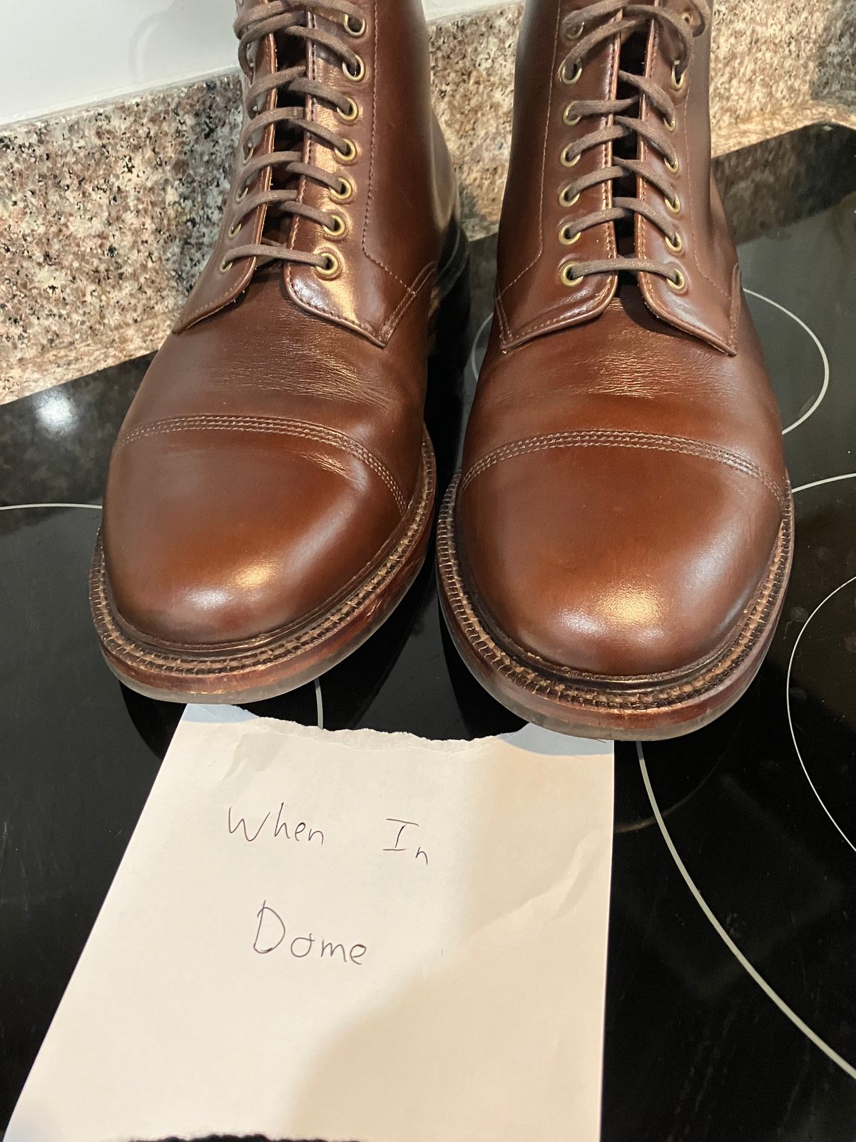 Photo by huntx4 on November 1, 2024 of the Grant Stone Cap Toe Boot in Horween Crimson Chromexcel.