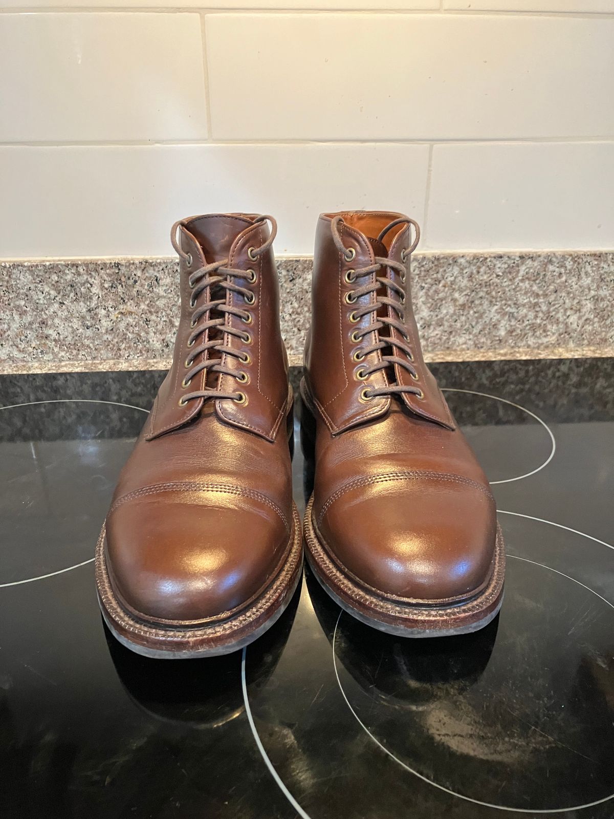 Photo by huntx4 on December 1, 2024 of the Grant Stone Cap Toe Boot in Horween Crimson Chromexcel.
