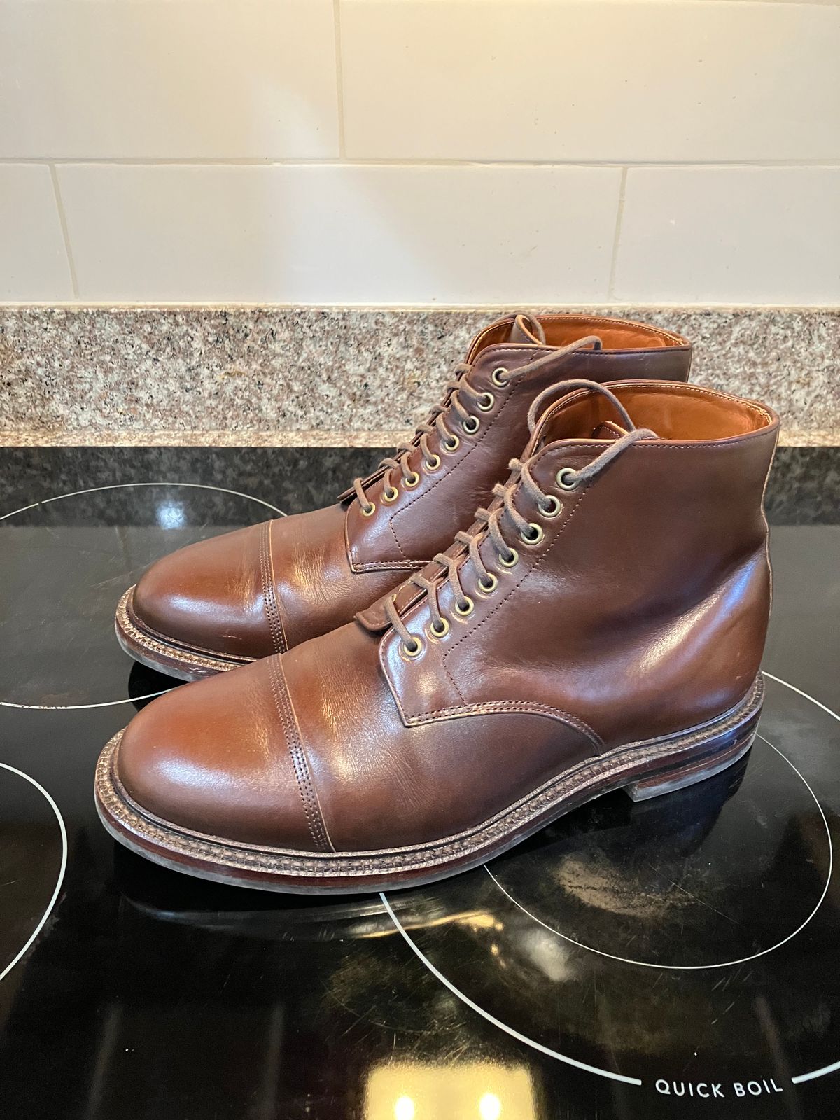 Photo by huntx4 on December 1, 2024 of the Grant Stone Cap Toe Boot in Horween Crimson Chromexcel.