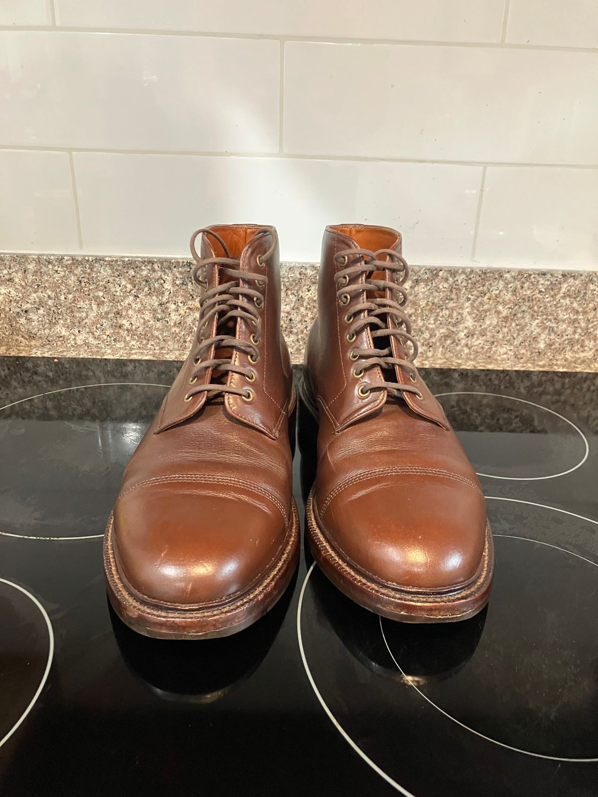 Photo by huntx4 on January 1, 2025 of the Grant Stone Cap Toe Boot in Horween Crimson Chromexcel.