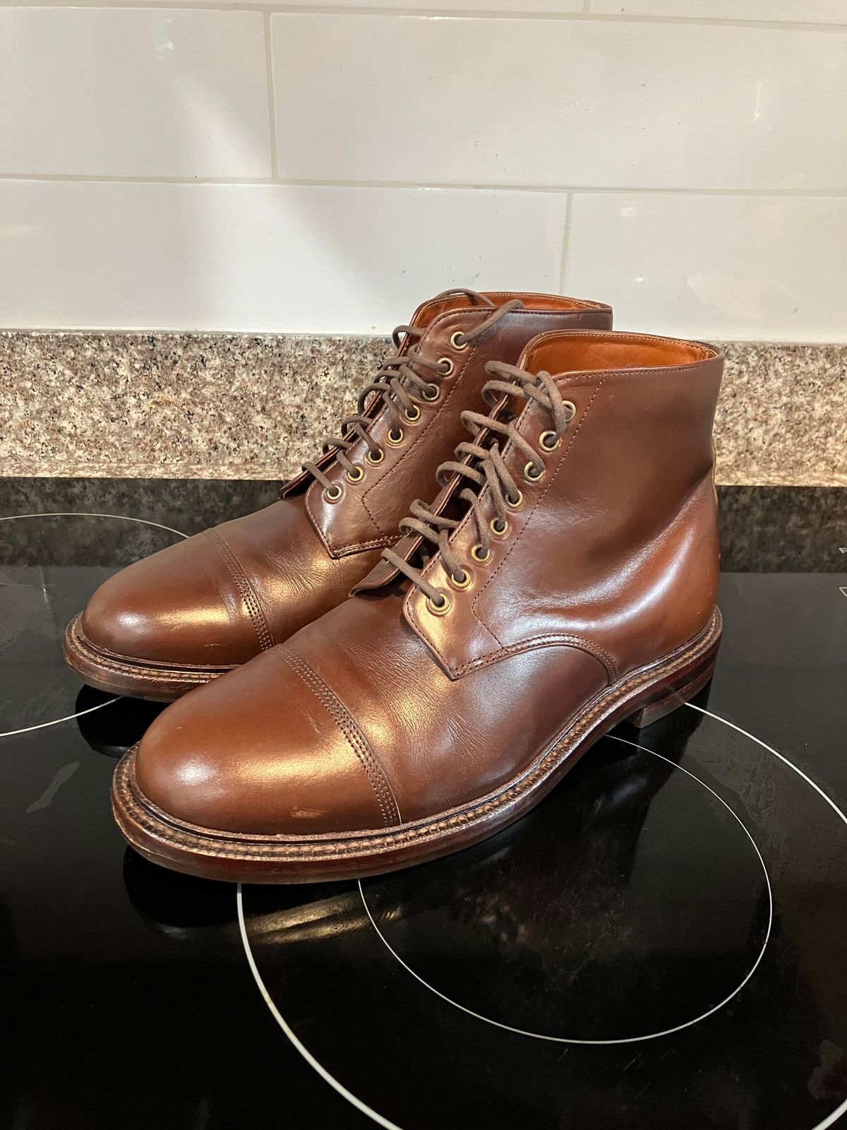 Photo by huntx4 on January 1, 2025 of the Grant Stone Cap Toe Boot in Horween Crimson Chromexcel.