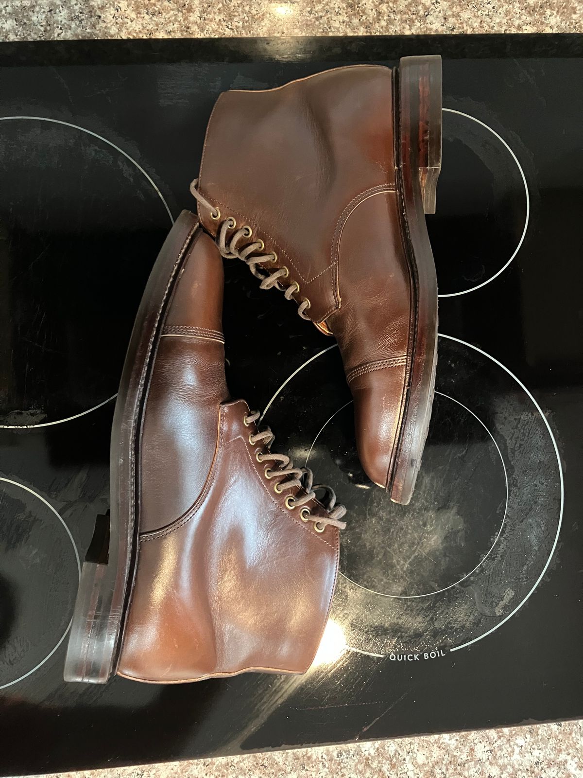 Photo by huntx4 on January 1, 2025 of the Grant Stone Cap Toe Boot in Horween Crimson Chromexcel.