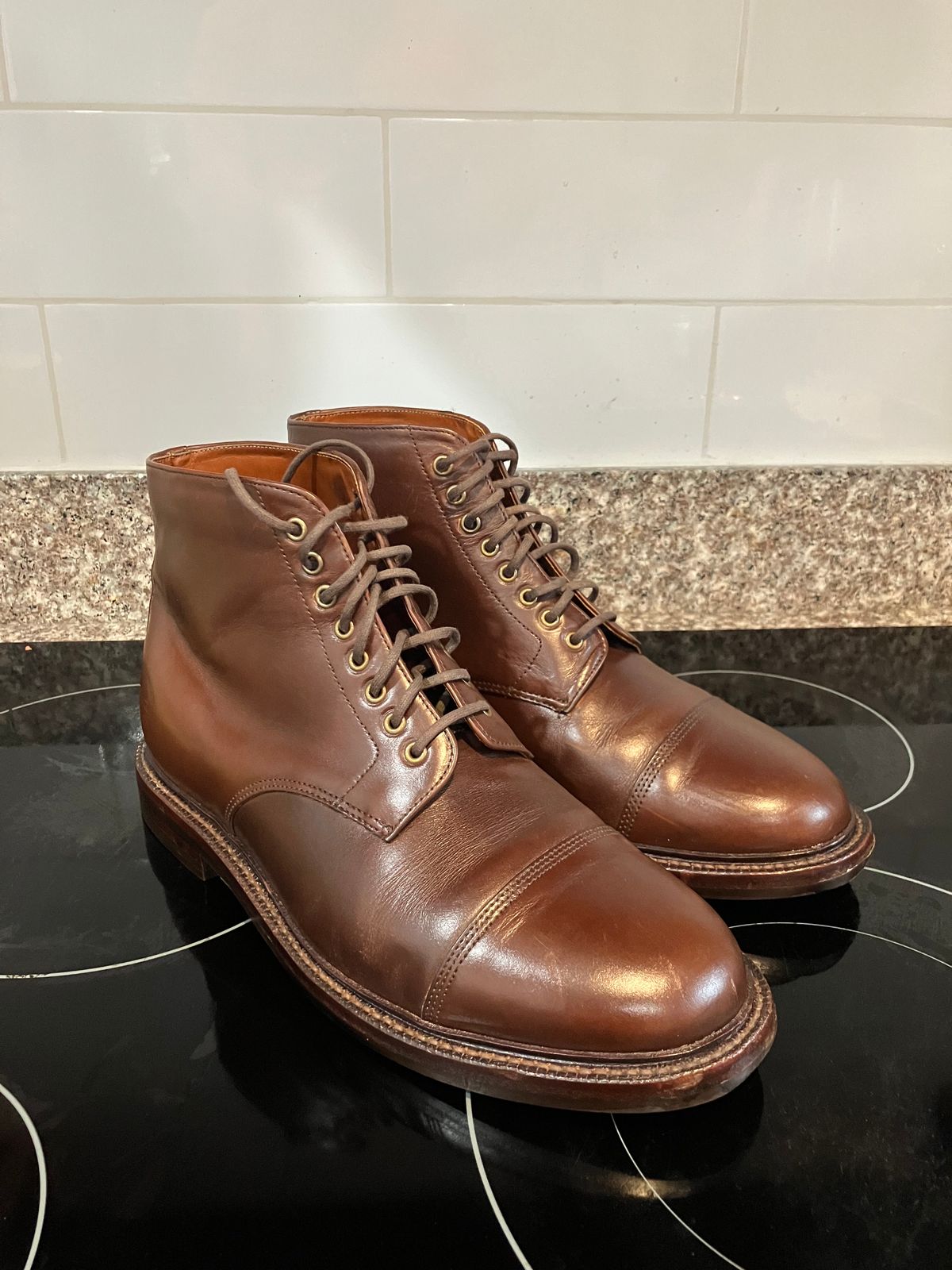Photo by huntx4 on January 1, 2025 of the Grant Stone Cap Toe Boot in Horween Crimson Chromexcel.