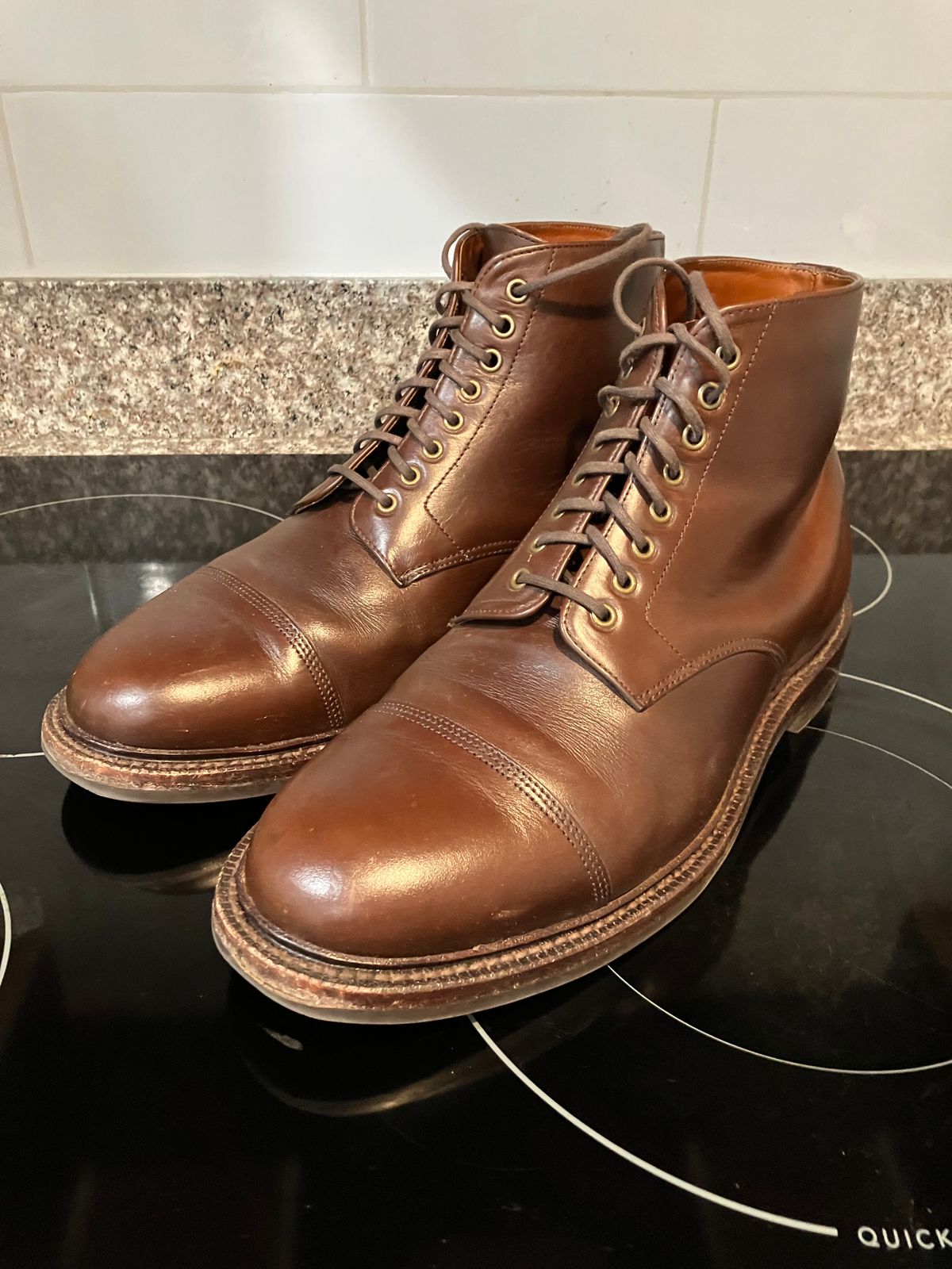 Photo by huntx4 on January 22, 2025 of the Grant Stone Cap Toe Boot in Horween Crimson Chromexcel.