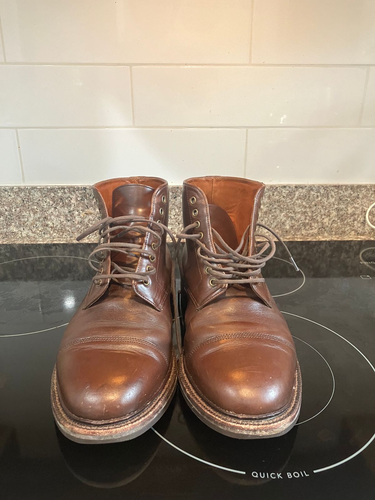 Photo by huntx4 on March 1, 2025 of the Grant Stone Cap Toe Boot in Horween Crimson Chromexcel.