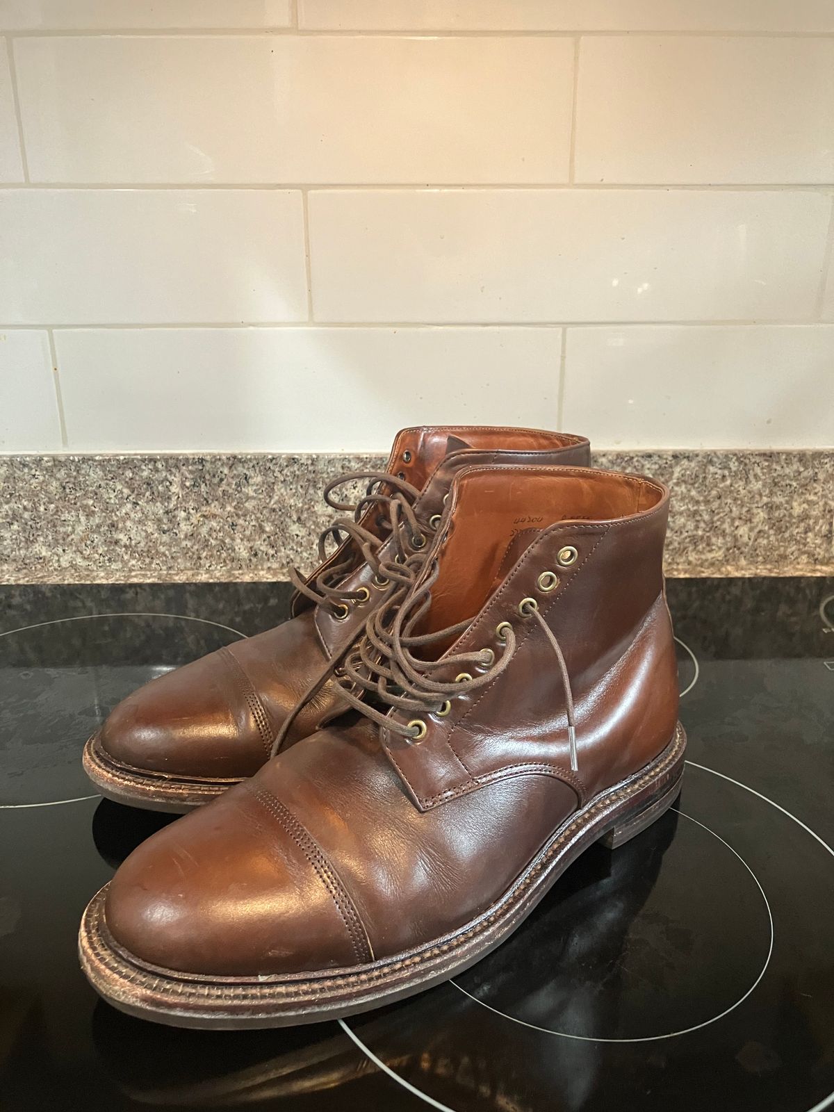 Photo by huntx4 on March 1, 2025 of the Grant Stone Cap Toe Boot in Horween Crimson Chromexcel.