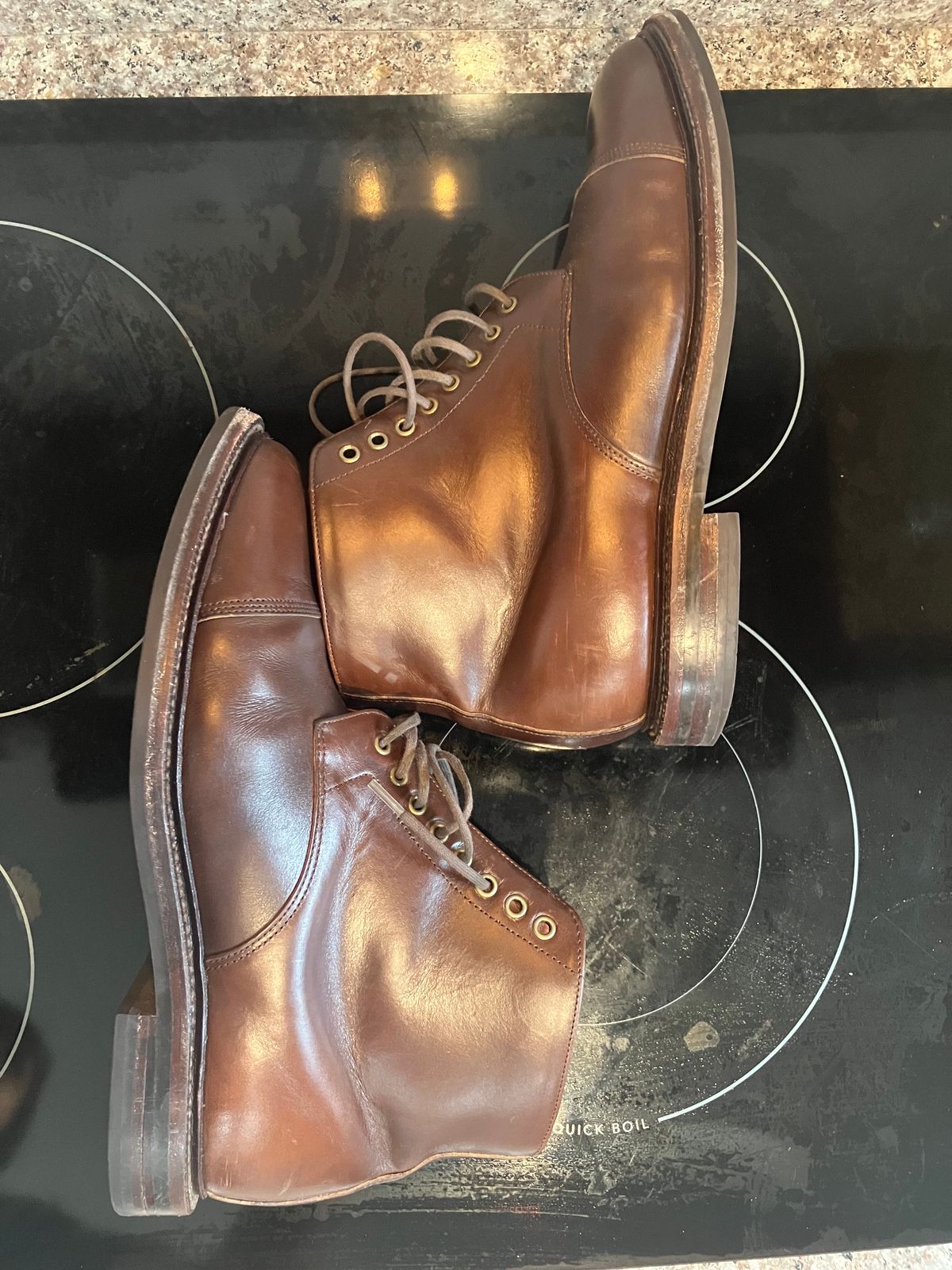 Photo by huntx4 on March 1, 2025 of the Grant Stone Cap Toe Boot in Horween Crimson Chromexcel.