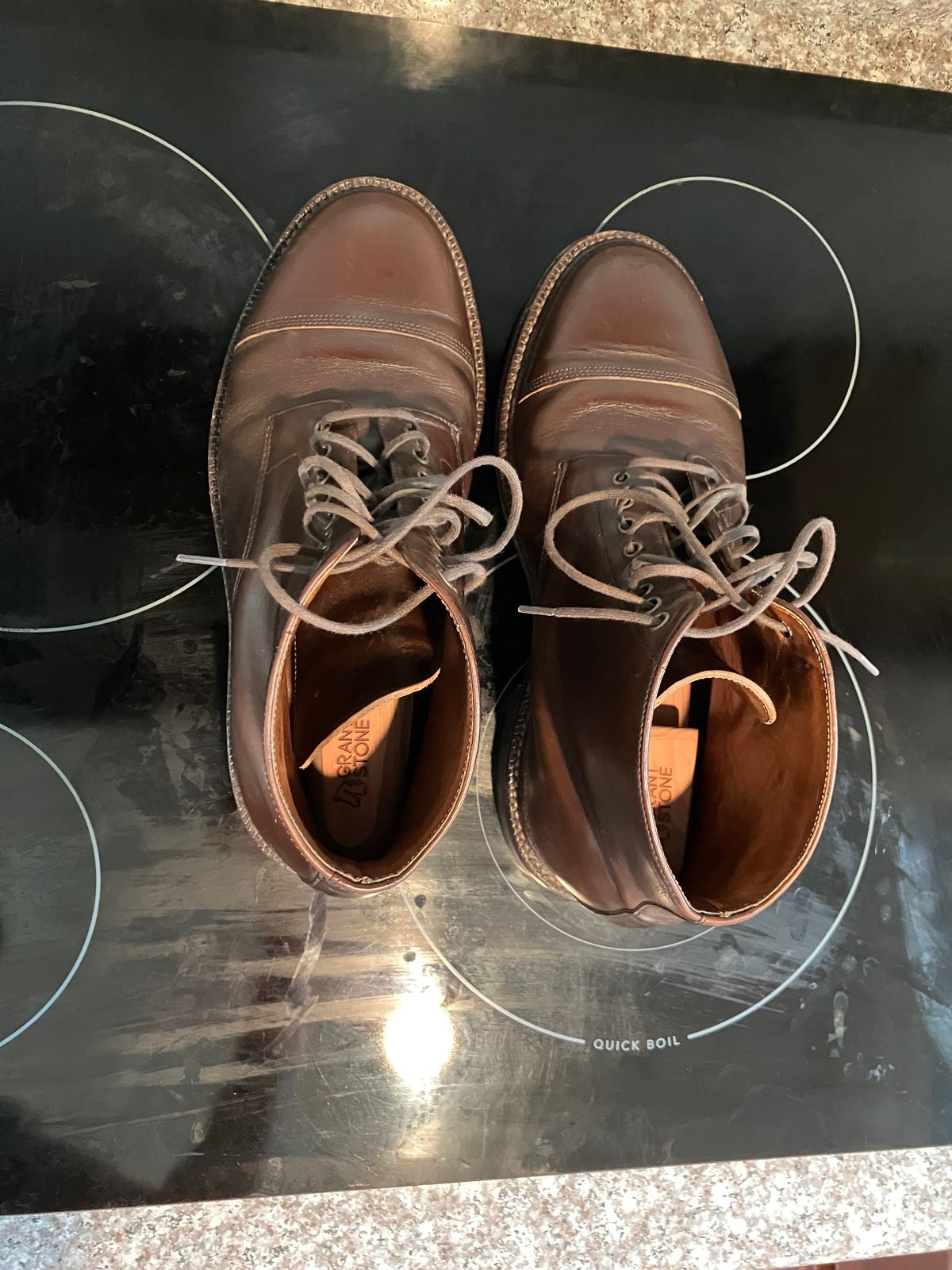 Photo by huntx4 on March 31, 2025 of the Grant Stone Cap Toe Boot in Horween Crimson Chromexcel.