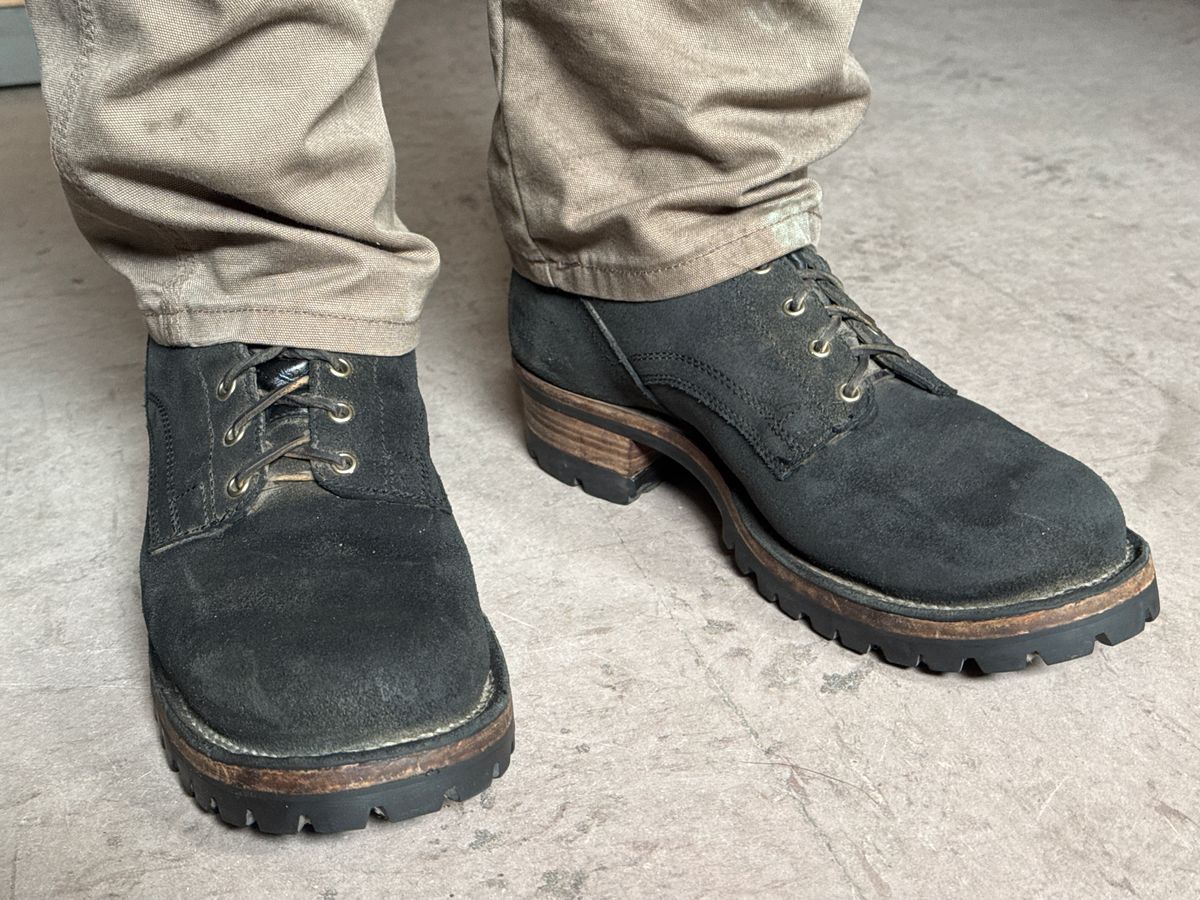 Photo by Mizy on April 19, 2025 of the Drew's Boots 8-Inch Logger in Black Roughout.