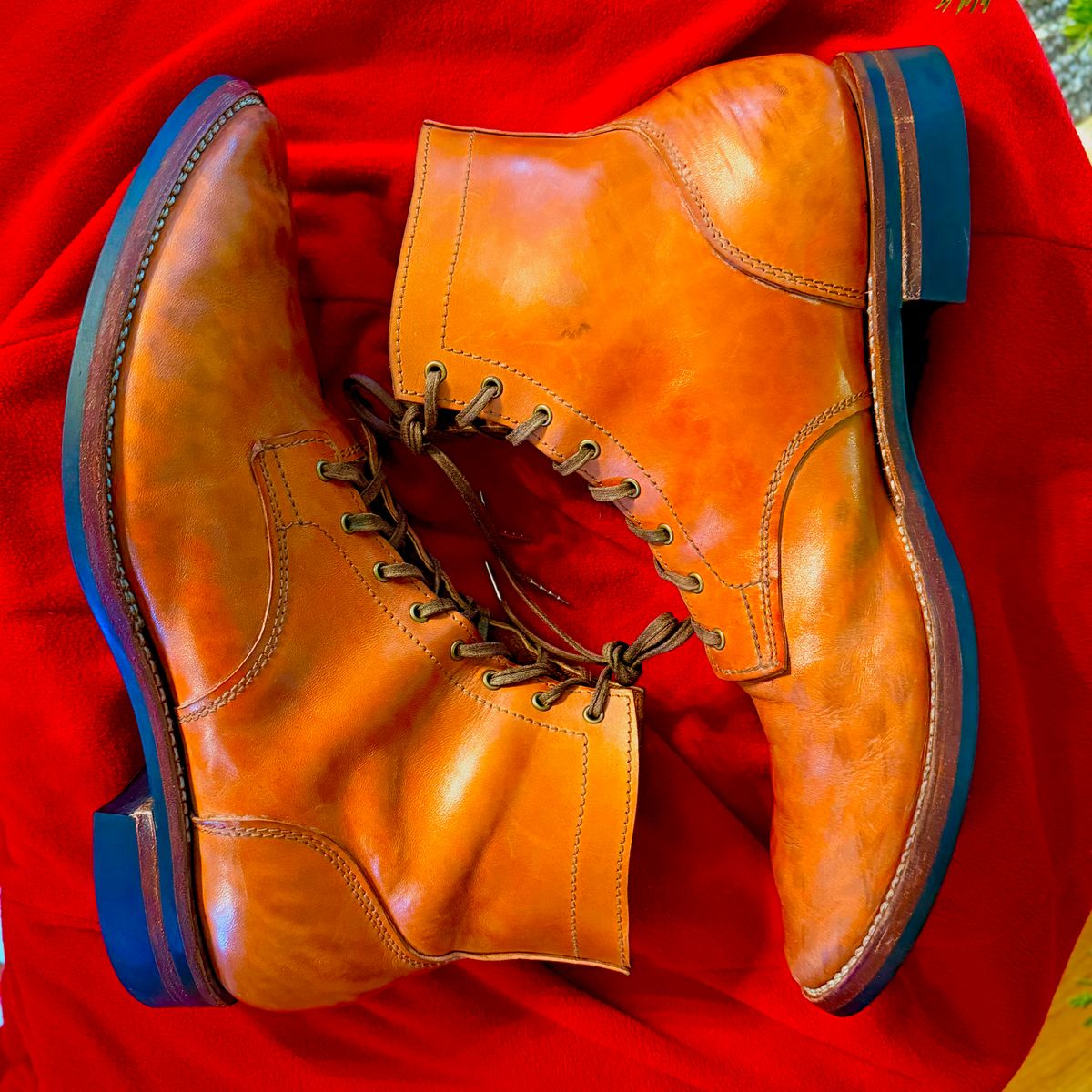 Photo by moznme on November 29, 2025 of the Oldspeed MFG Service Boot 6” in Horween Russet Horsehide Strips.