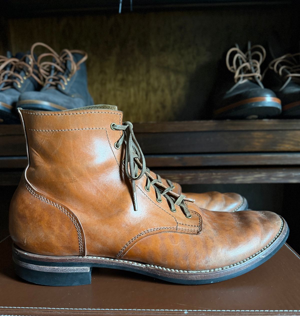 Photo by moznme on March 29, 2026 of the Oldspeed MFG Service Boot 6” in Horween Russet Horsehide Strips.