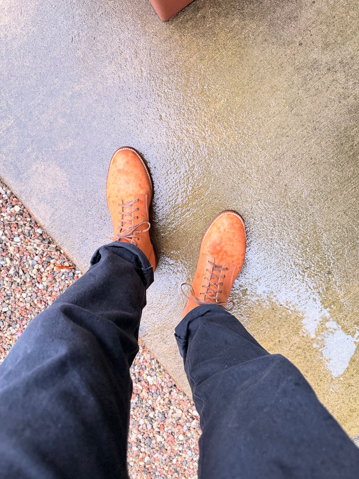 Photo by moznme on October 7, 2025 of the Oldspeed Service Boot 6” in Horween Russet Horsehide Strips.