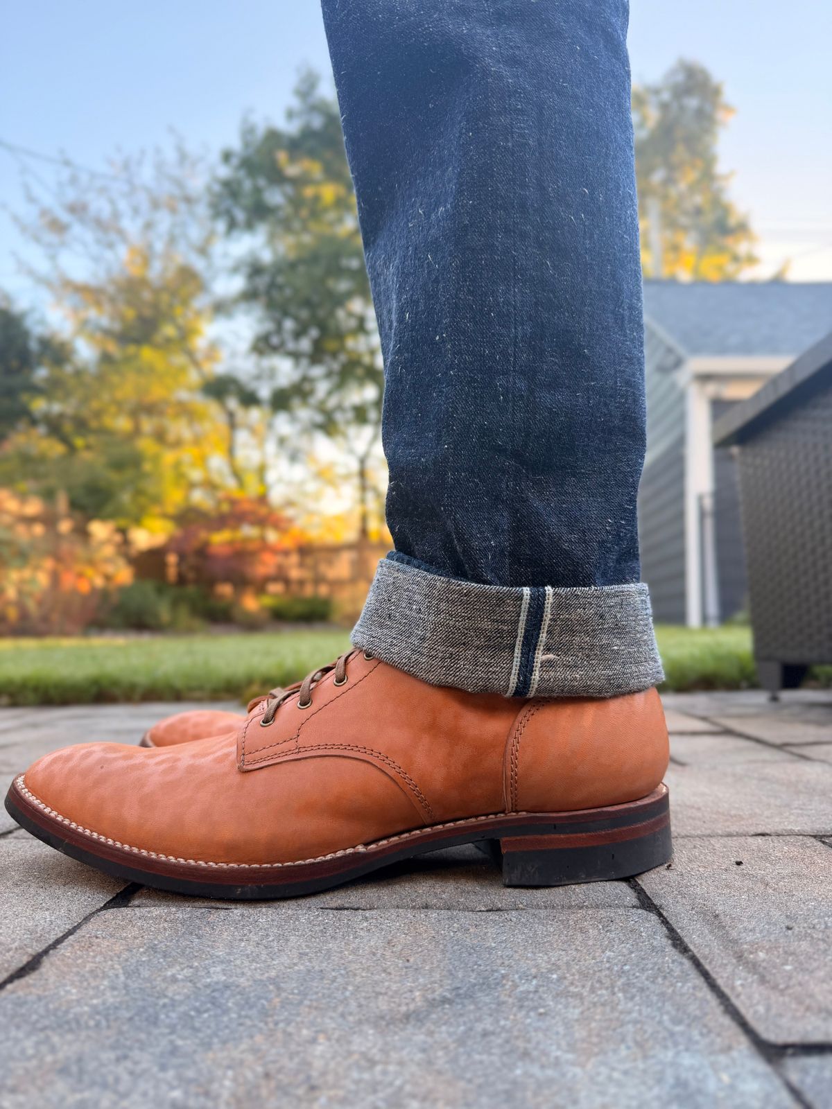 Photo by moznme on October 9, 2025 of the Oldspeed Service Boot 6” in Horween Russet Horsehide Strips.