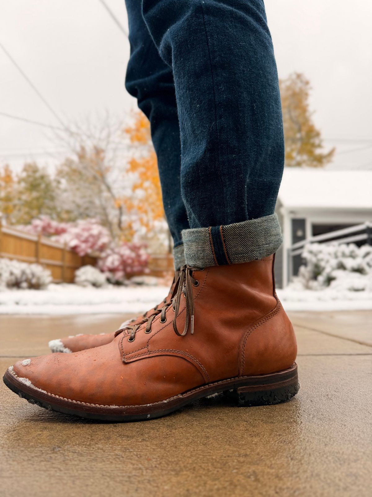 Photo by moznme on November 10, 2025 of the Oldspeed MFG Service Boot 6” in Horween Russet Horsehide Strips.