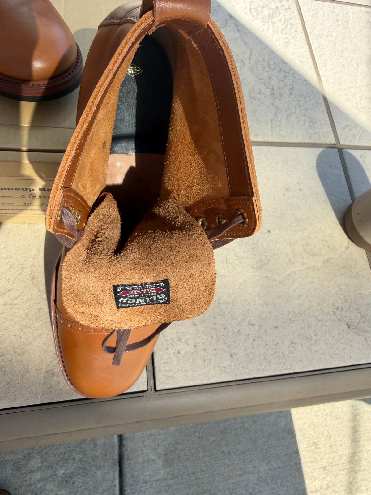 Photo by moznme on June 20, 2026 of the Clinch Laceup Boots Cap-toe in Natural Latigo.