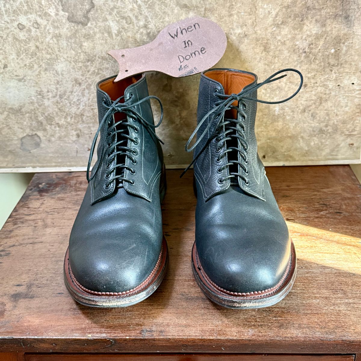 Photo by moznme on November 1, 2024 of the Viberg Navvy Boot in Horween Black Washed Chromexcel.