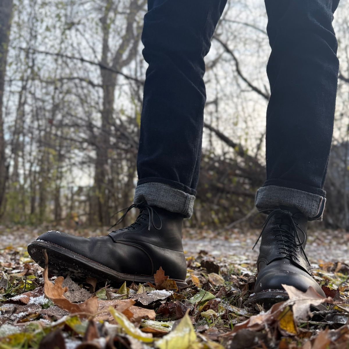 Photo by moznme on December 3, 2024 of the Viberg Navvy Boot in Horween Black Washed Chromexcel.