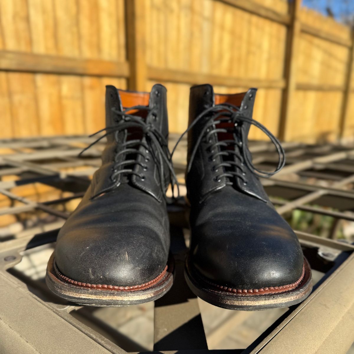 Photo by moznme on December 3, 2024 of the Viberg Navvy Boot in Horween Black Washed Chromexcel.