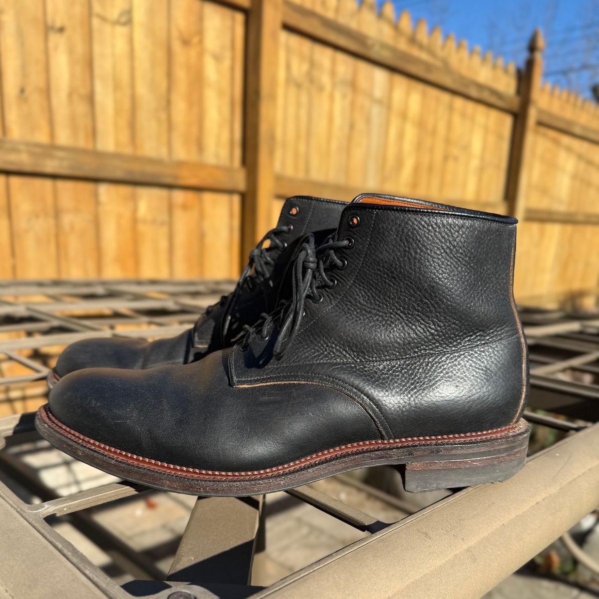 Photo by moznme on December 3, 2024 of the Viberg Navvy Boot in Horween Black Washed Chromexcel.