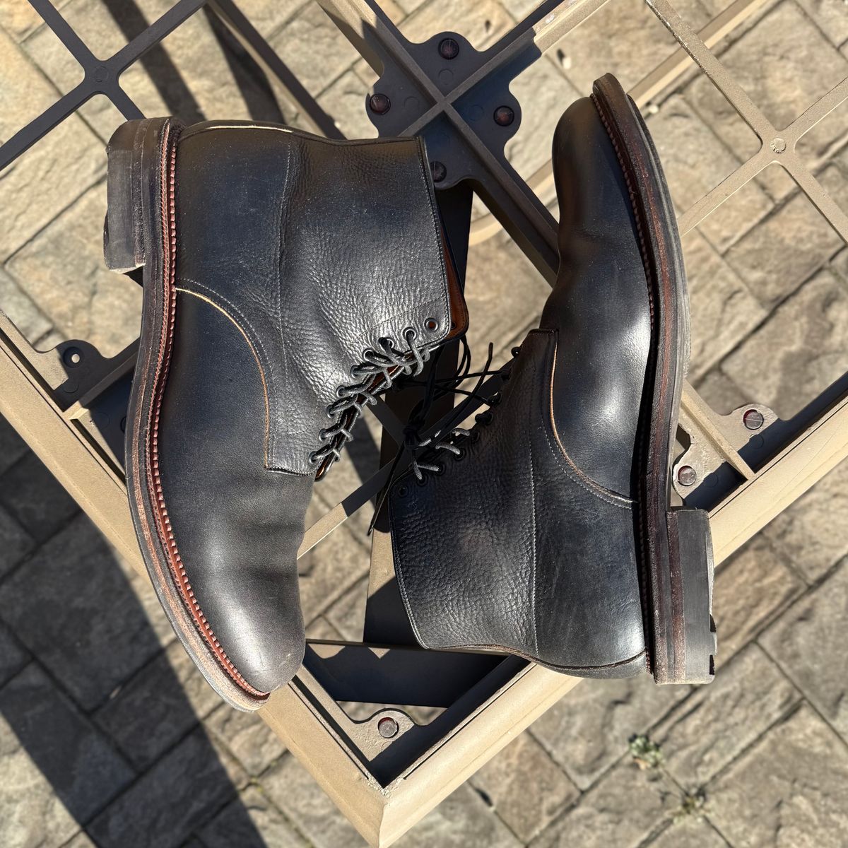 Photo by moznme on December 3, 2024 of the Viberg Navvy Boot in Horween Black Washed Chromexcel.