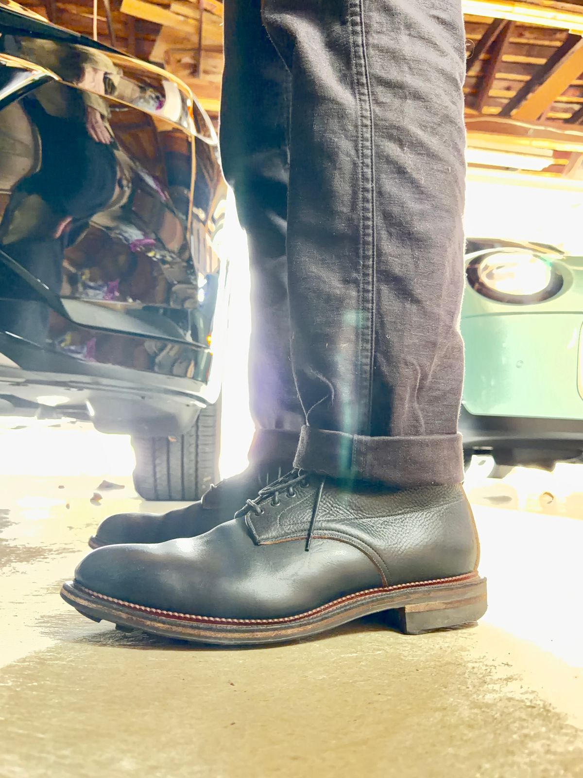 Photo by moznme on September 24, 2025 of the Viberg Navvy Boot in Horween Black Washed Chromexcel.