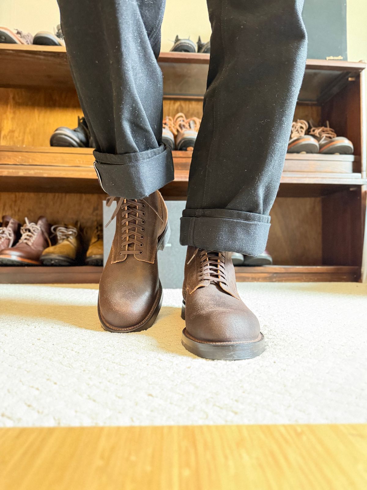 Photo by moznme on February 13, 2026 of the Viberg Boondocker in Horween Brown Washed Waxed Flesh.