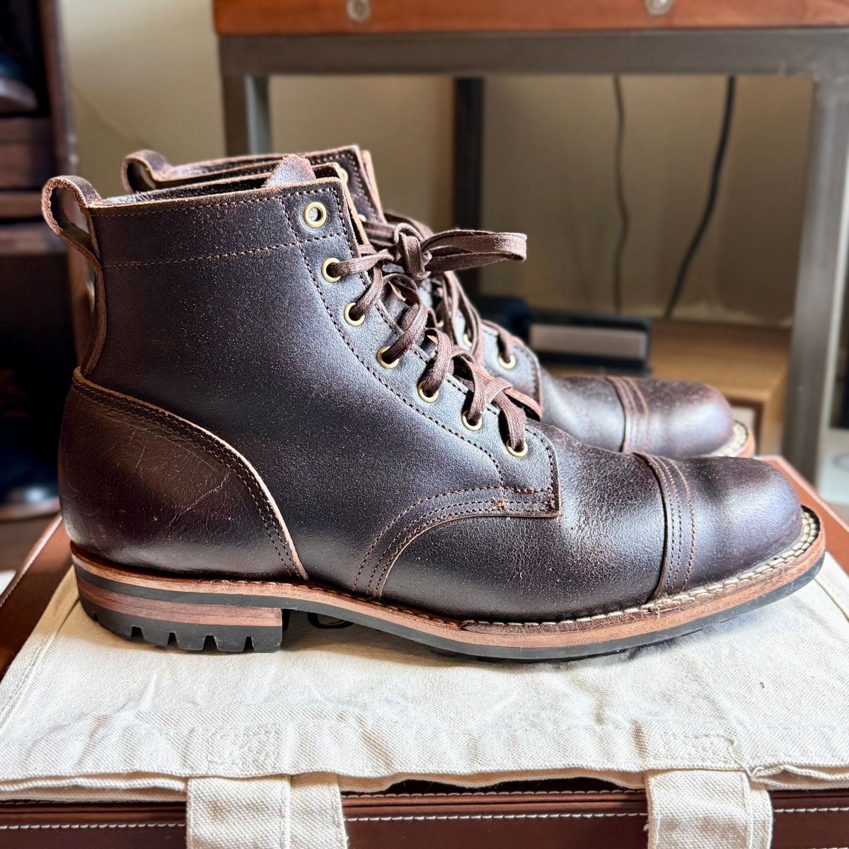 Photo by moznme on July 22, 2025 of the Truman Cap Toe Boot in Horween Java Waxed Flesh.
