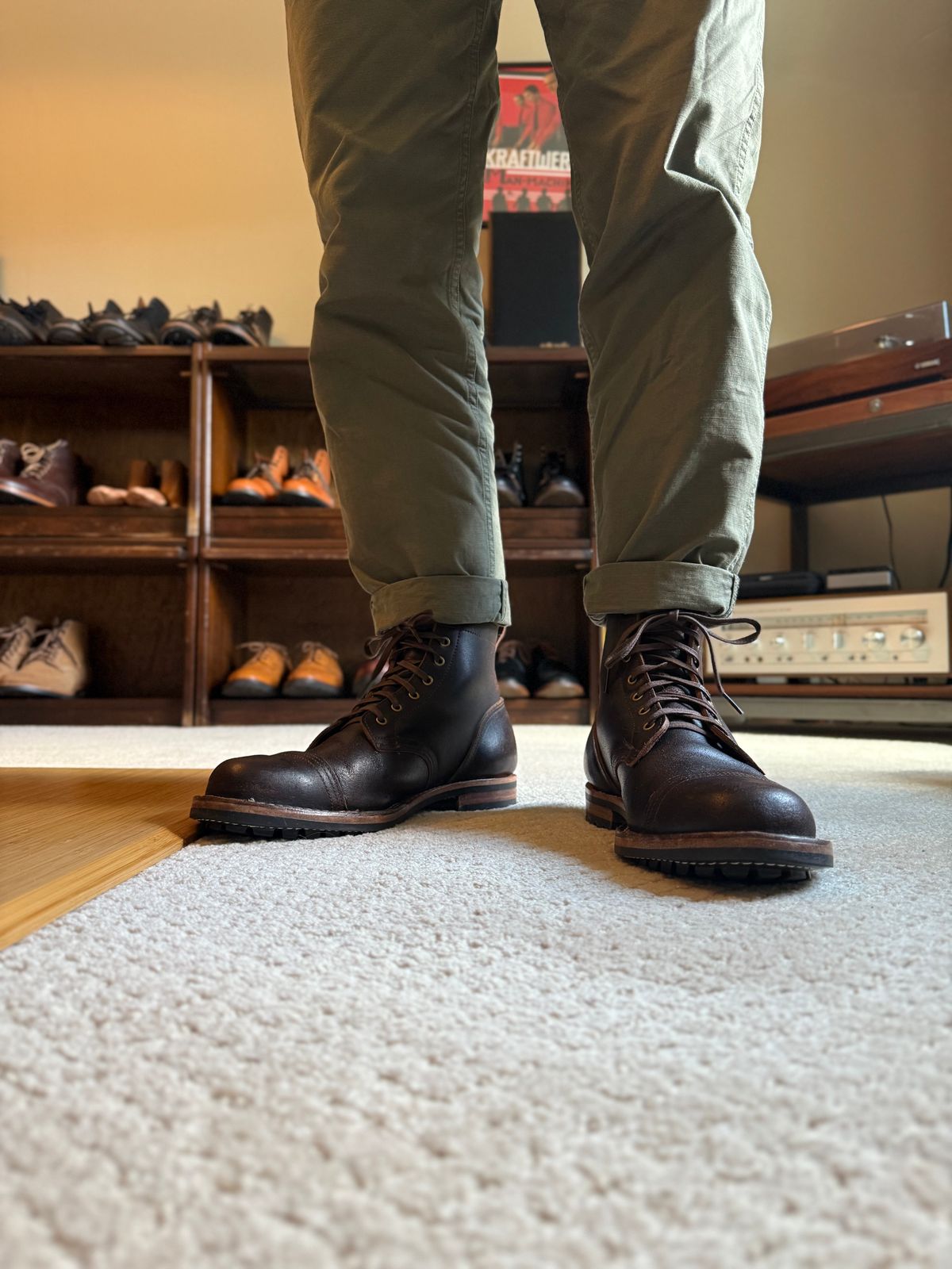 Photo by moznme on July 22, 2025 of the Truman Cap Toe Boot in Horween Java Waxed Flesh.