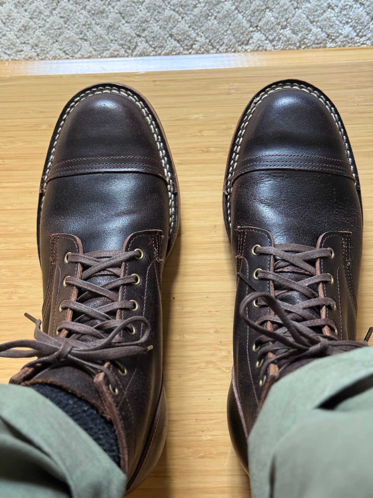 Photo by moznme on July 22, 2025 of the Truman Cap Toe Boot in Horween Java Waxed Flesh.