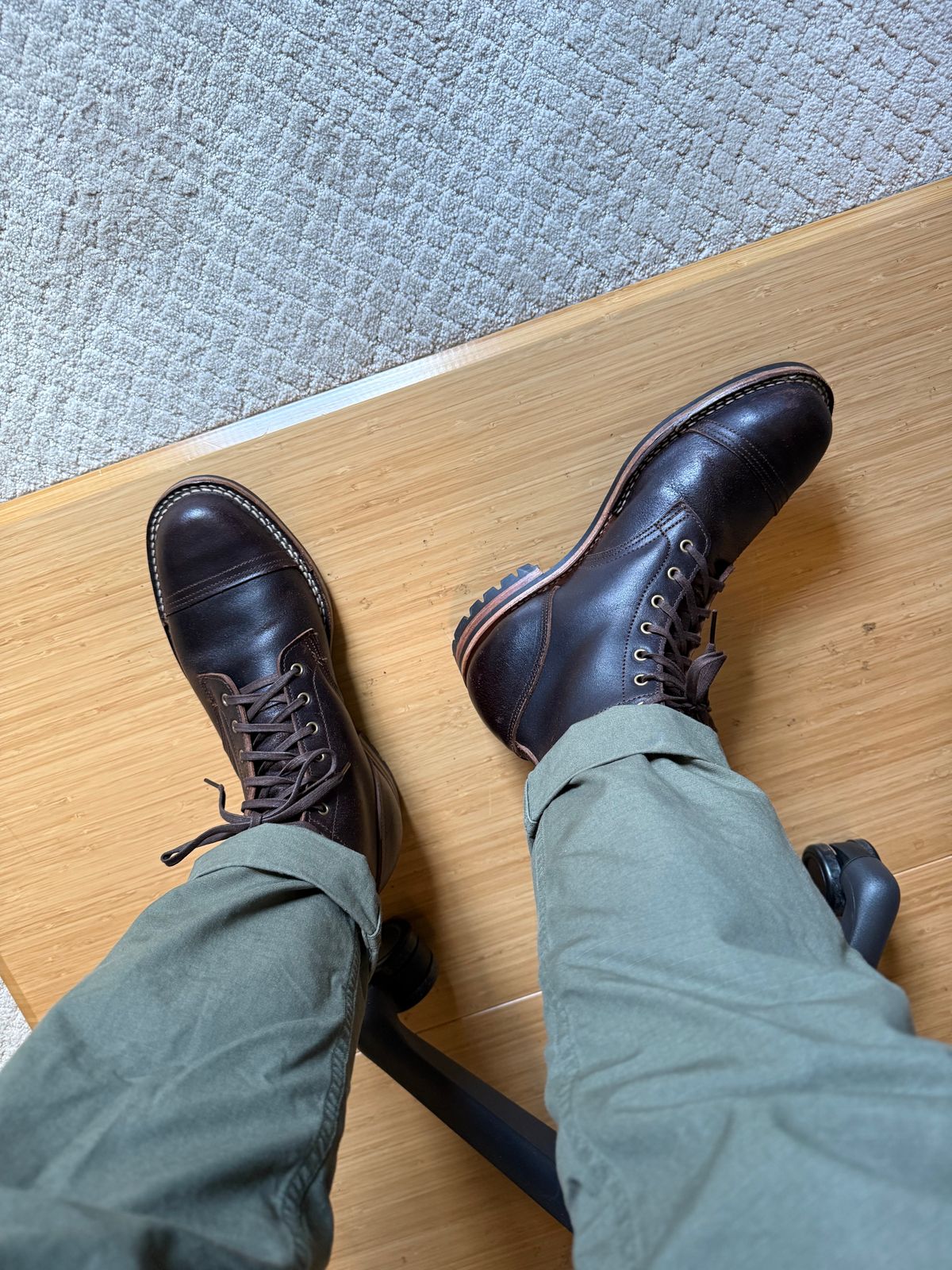 Photo by moznme on July 22, 2025 of the Truman Cap Toe Boot in Horween Java Waxed Flesh.