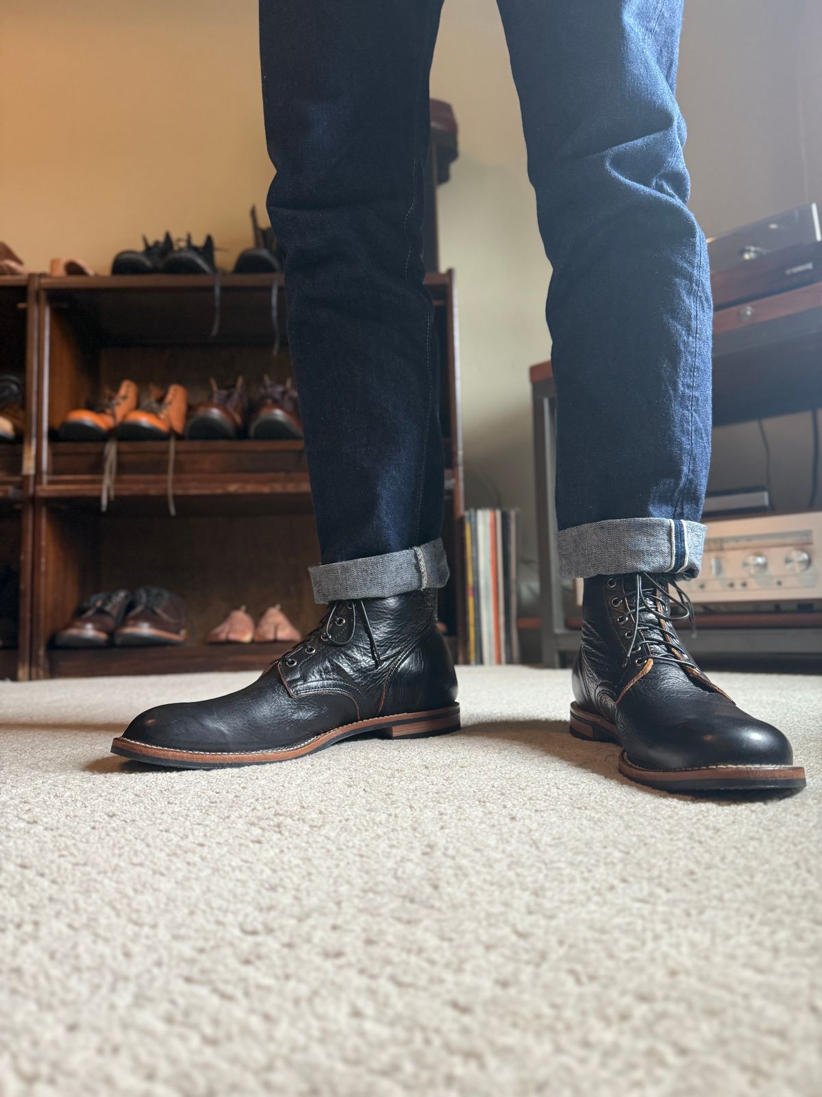 Photo by moznme on May 23, 2025 of the Viberg Service Boot in Shinki Black Teacore Horsehide.