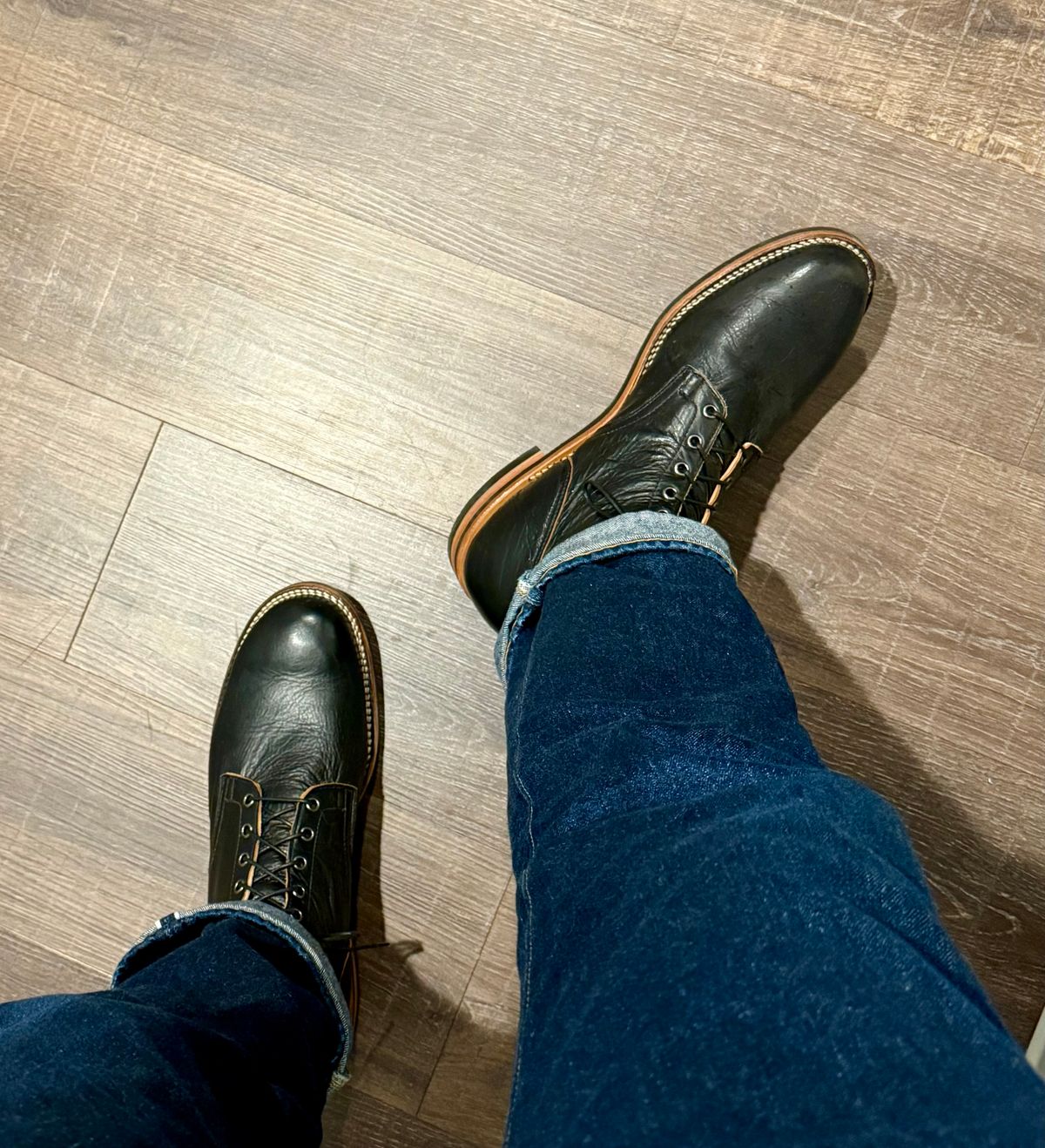 Photo by moznme on June 7, 2025 of the Viberg Service Boot in Shinki Black Teacore Horsehide.