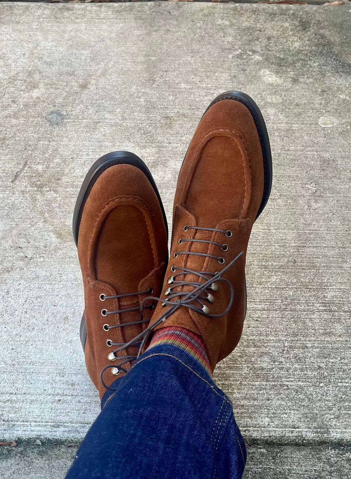 Photo by theoldsole on December 13, 2025 of the Carlos Santos 1686 Moc Toe “Brandon” in C.F. Stead Snuff Repello Calf Suede.