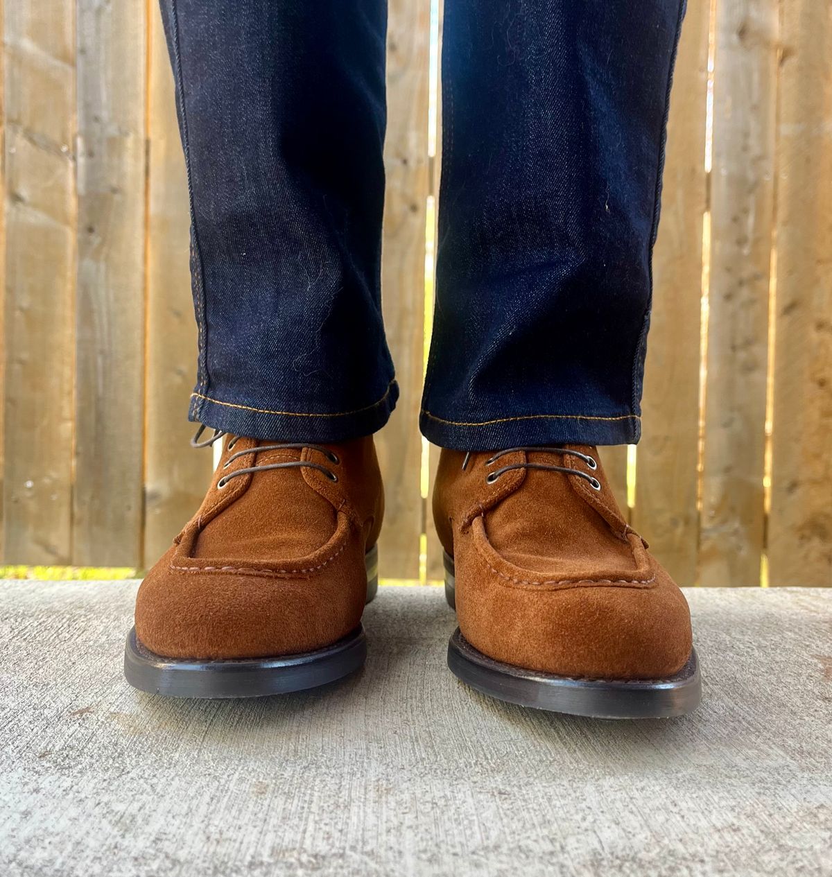 Photo by theoldsole on December 13, 2025 of the Carlos Santos 1686 Moc Toe “Brandon” in C.F. Stead Snuff Repello Calf Suede.