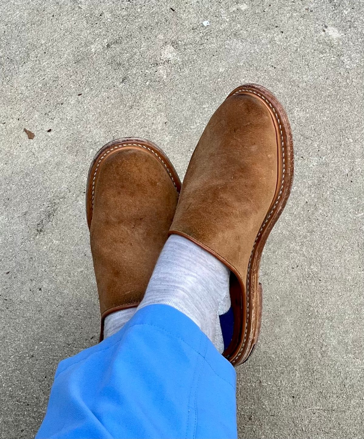 Photo by theoldsole on March 4, 2026 of the Viberg Mule in C.F. Stead Anise Calf Suede.