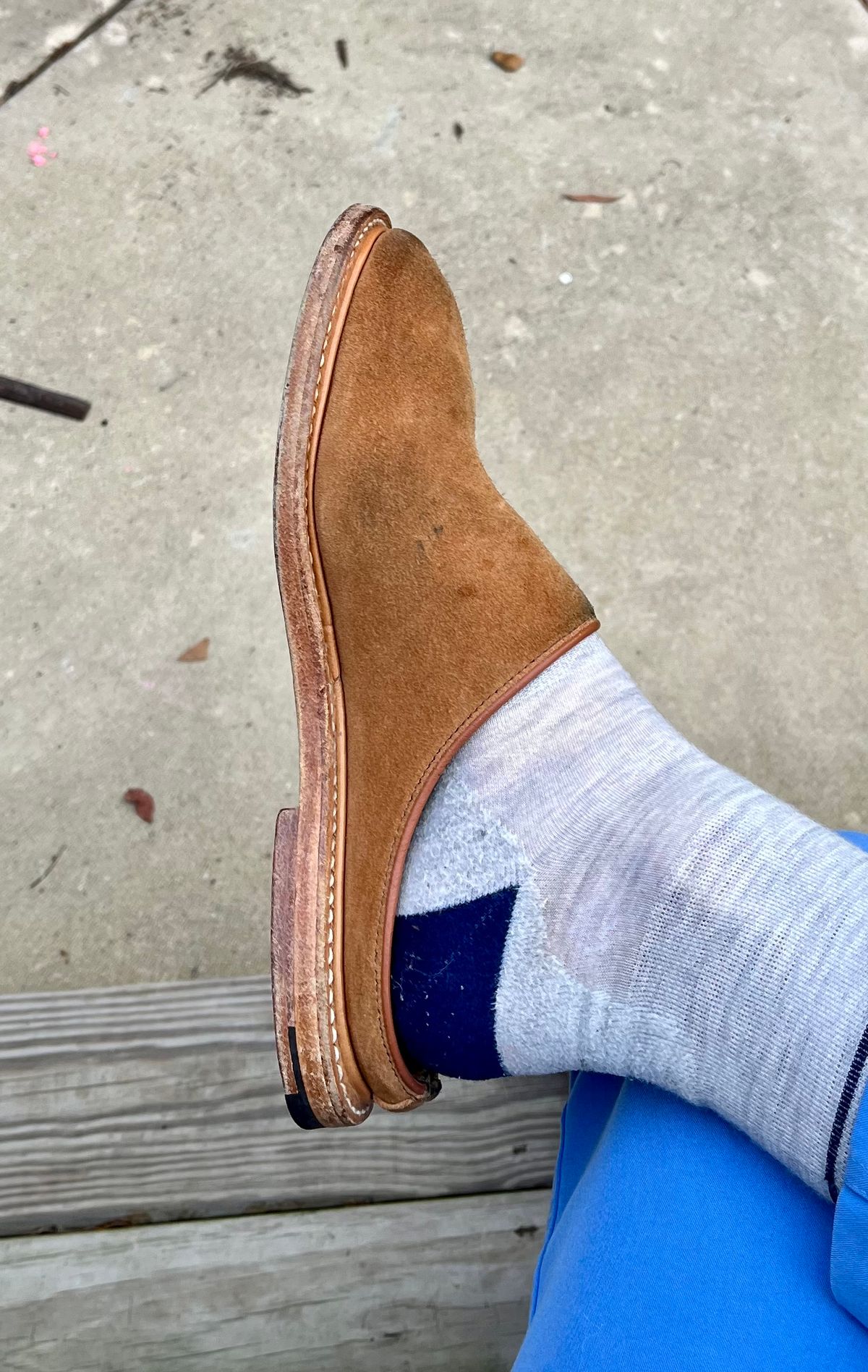 Photo by theoldsole on March 4, 2026 of the Viberg Mule in C.F. Stead Anise Calf Suede.