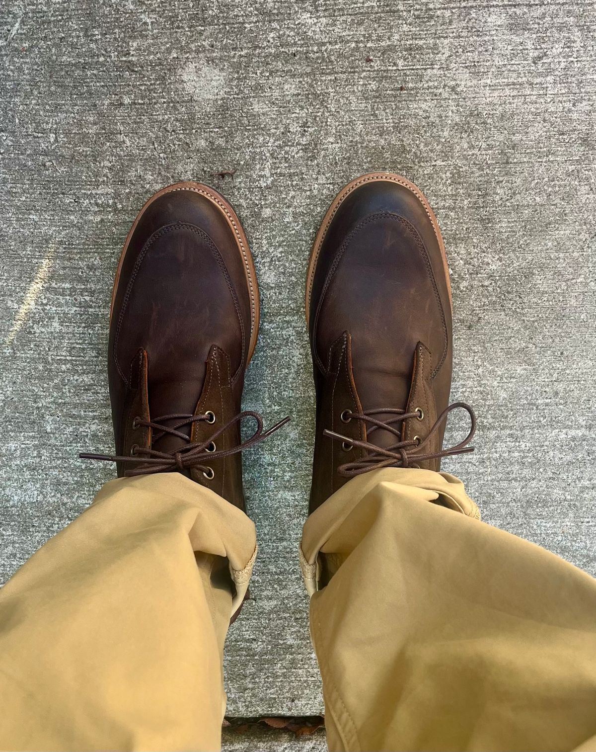 Photo by theoldsole on October 19, 2025 of the Viberg Bernhard Boot in C.F. Stead Clove Regency Calf & C.F. Stead Flint Repello Calf Suede.
