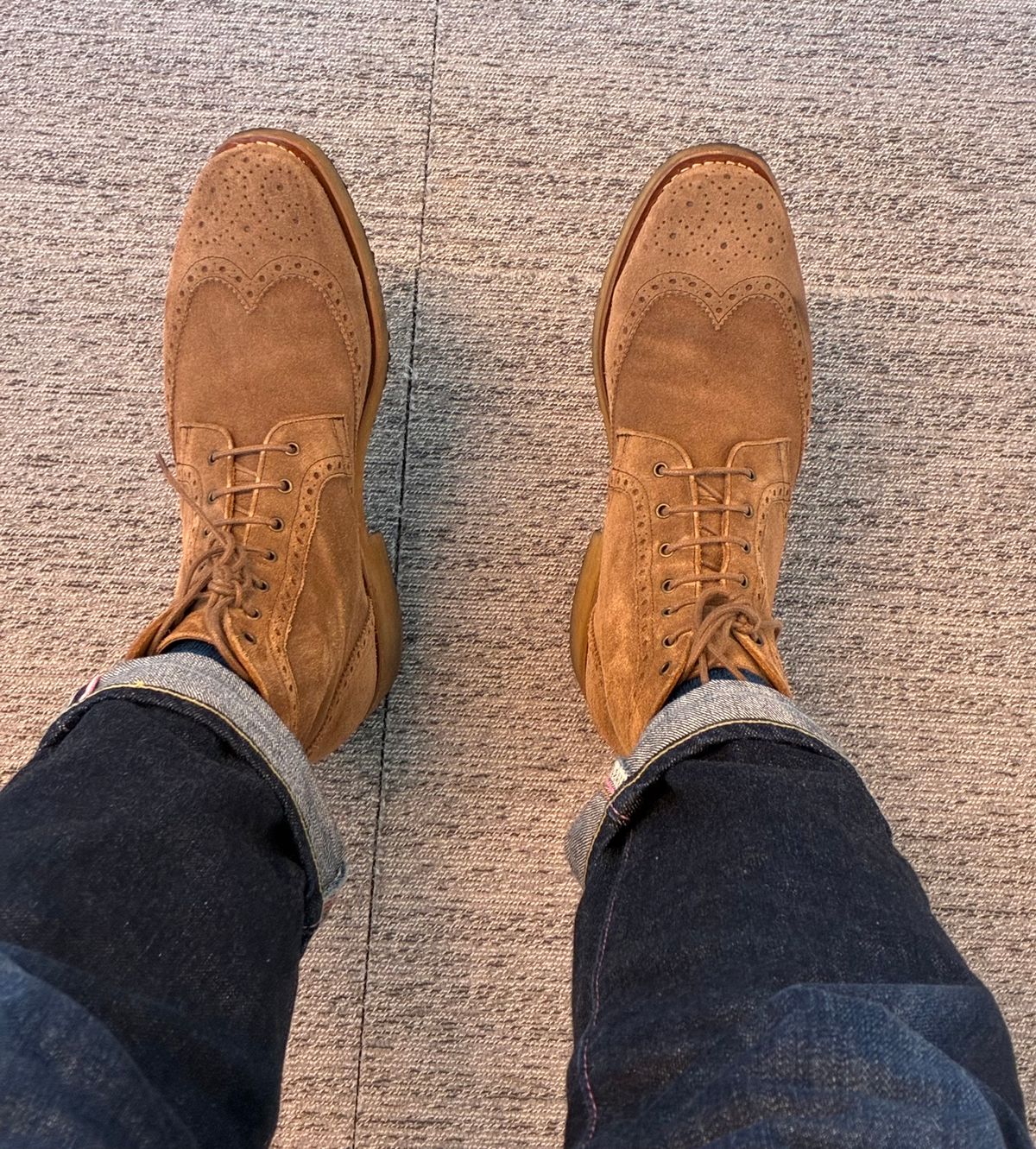 Photo by lottosheva on June 15, 2026 of the Thursday Wingtip in Caramel Suede.