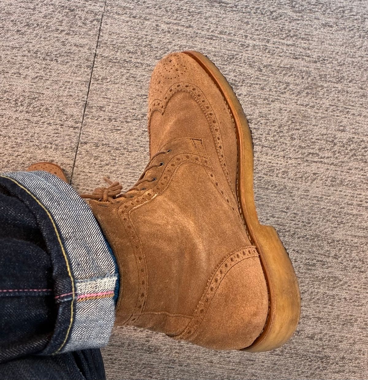 Photo by lottosheva on June 15, 2026 of the Thursday Wingtip in Caramel Suede.
