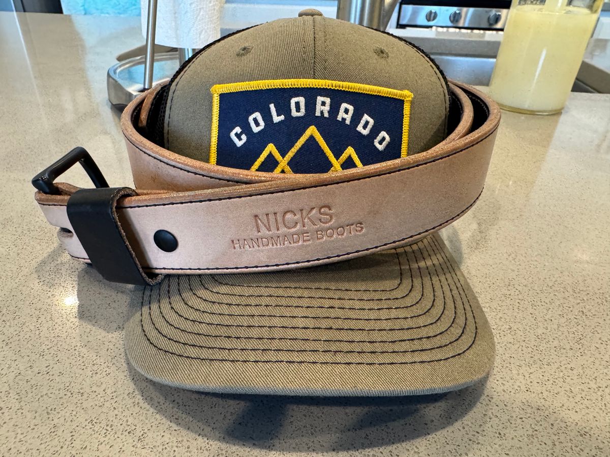 Photo by bootbrodrew on April 5, 2026 of the Nicks Blackout Dome Belt in Wickett & Craig Natural Veg Tan.