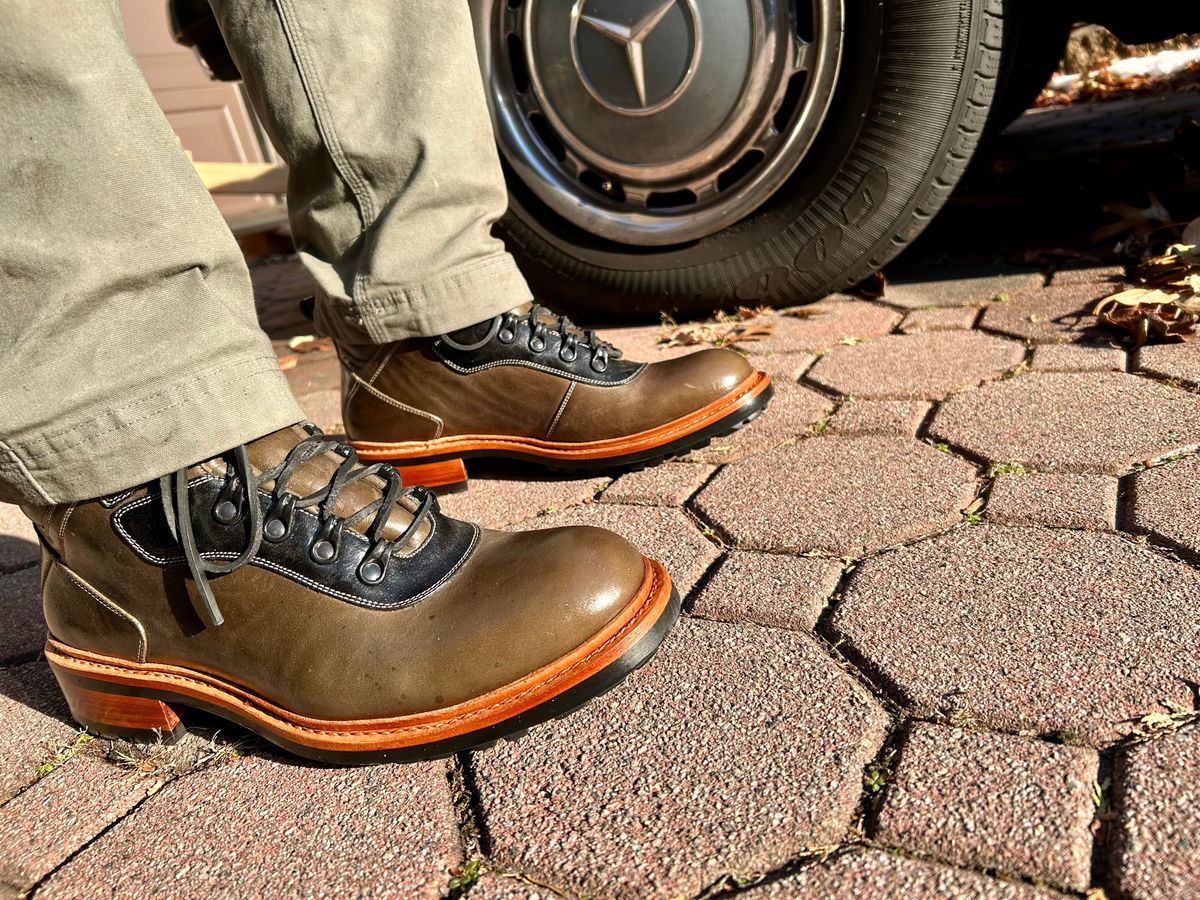 Photo by Vic on December 18, 2025 of the Blkbrd Shoemaker Bulwark Trek Boot in Guidi Aubergine Horse Rump.