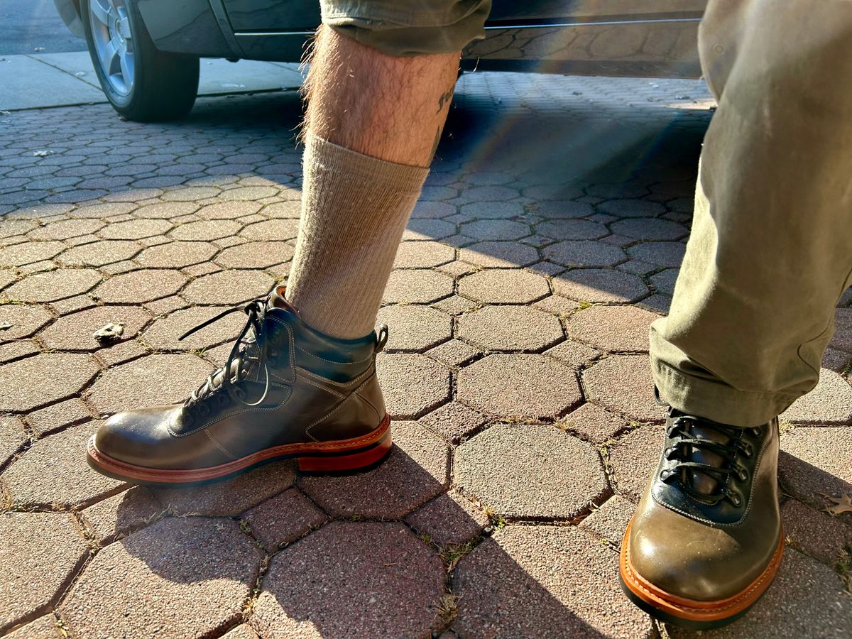 Photo by Vic on December 18, 2025 of the Blkbrd Shoemaker Bulwark Trek Boot in Horween Green Horse Rump.