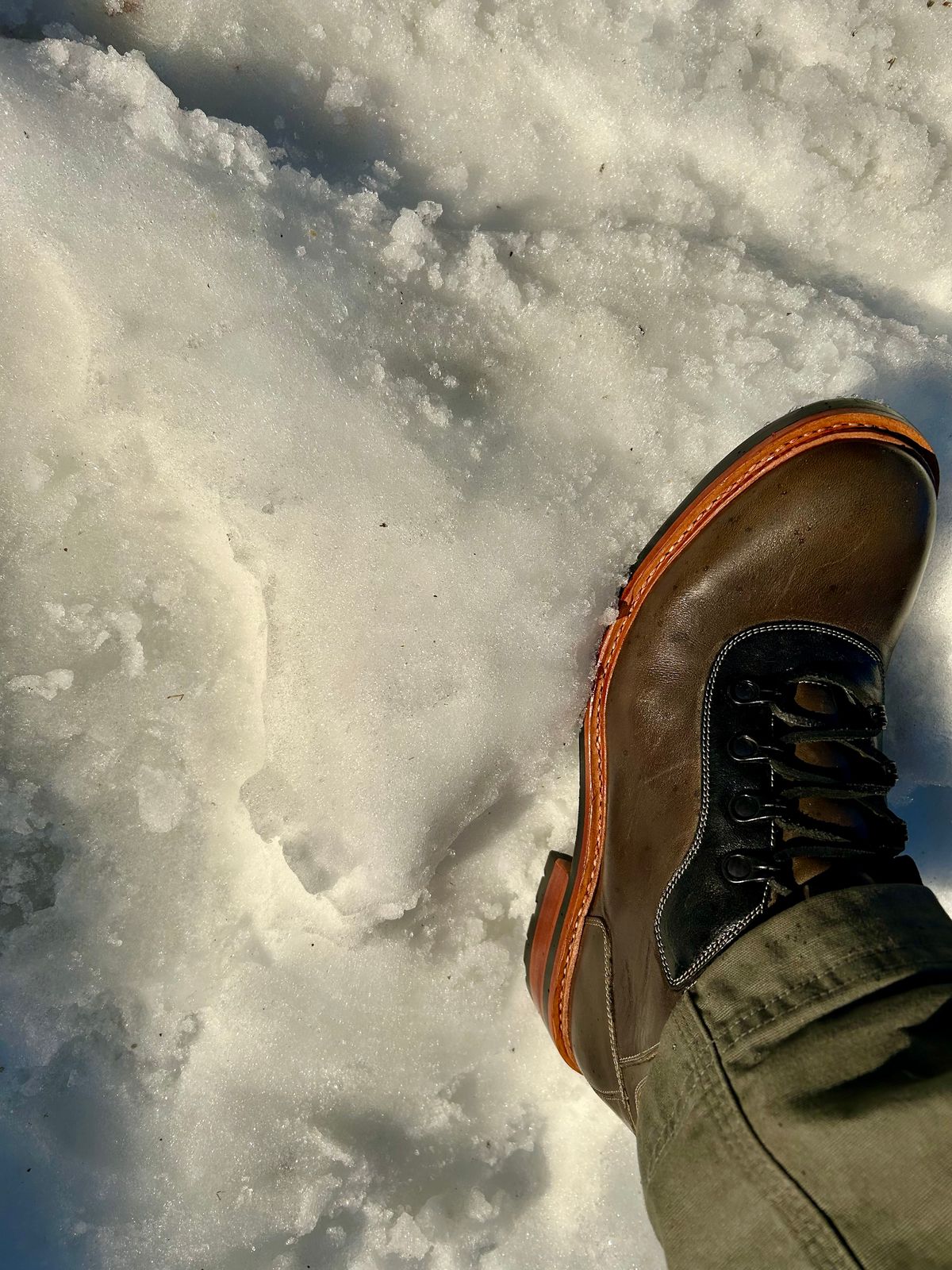Photo by Vic on December 18, 2025 of the Blkbrd Shoemaker Bulwark Trek Boot in Horween Green Horse Rump.